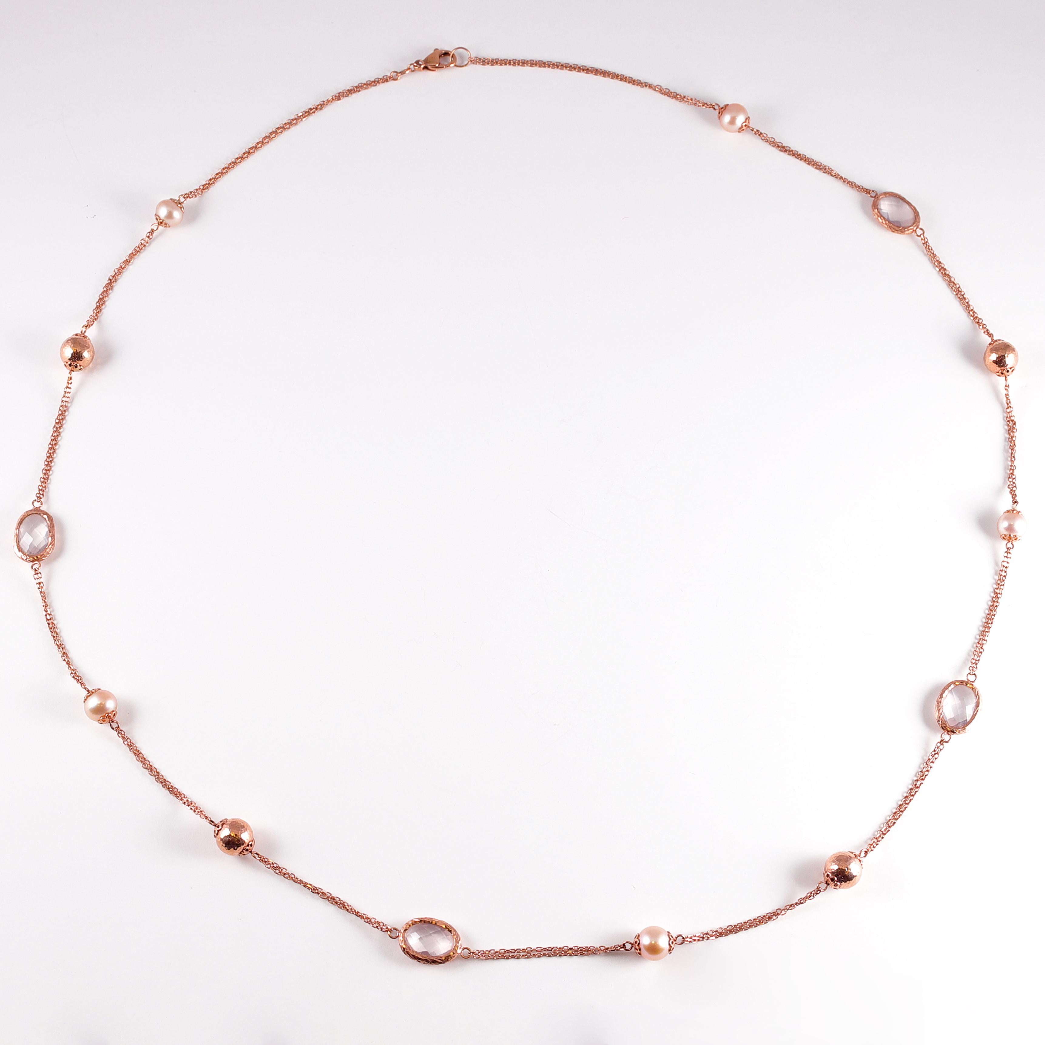 Rose Gold Quartz Pearl Necklace For Sale 1
