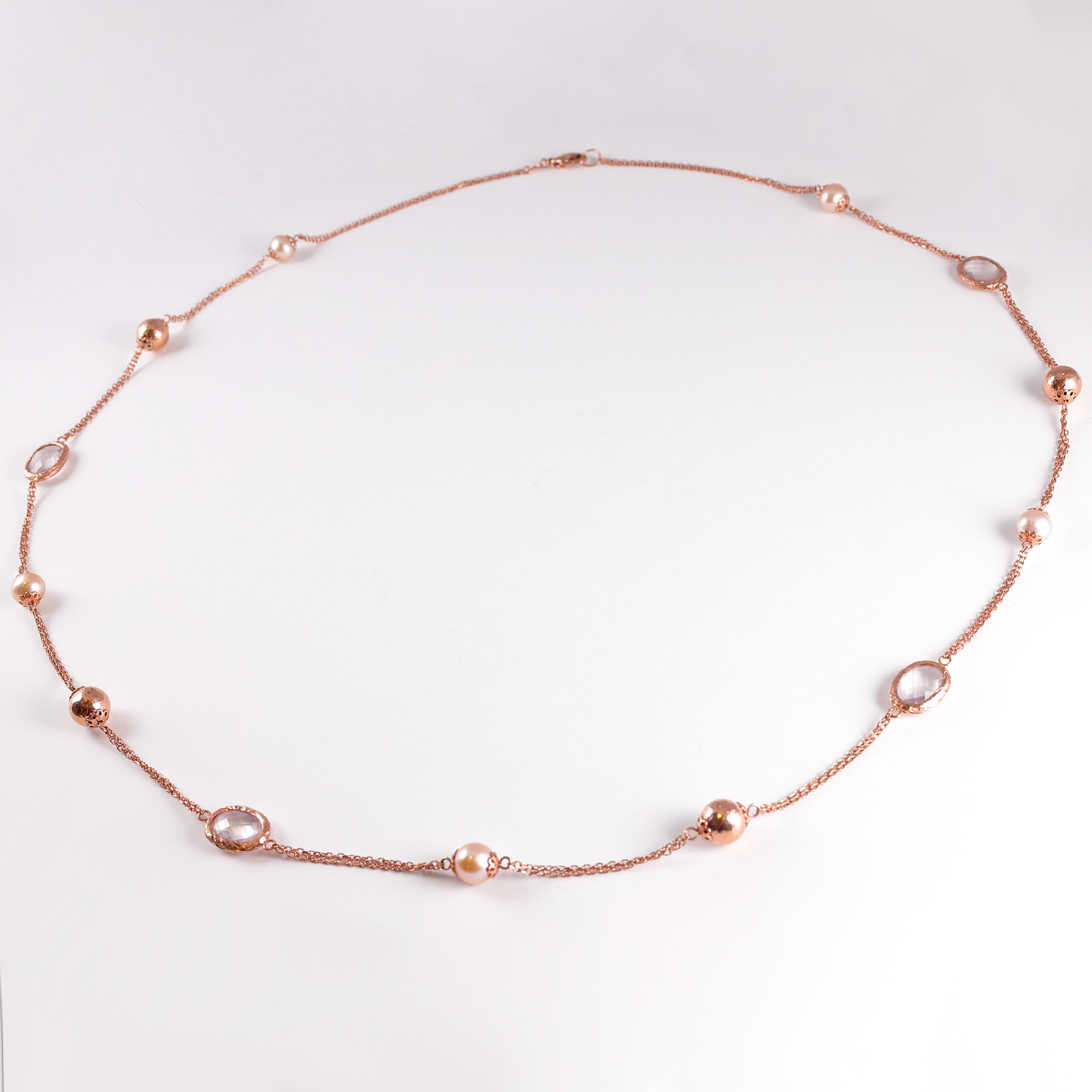 Rose Gold Quartz Pearl Necklace For Sale 2