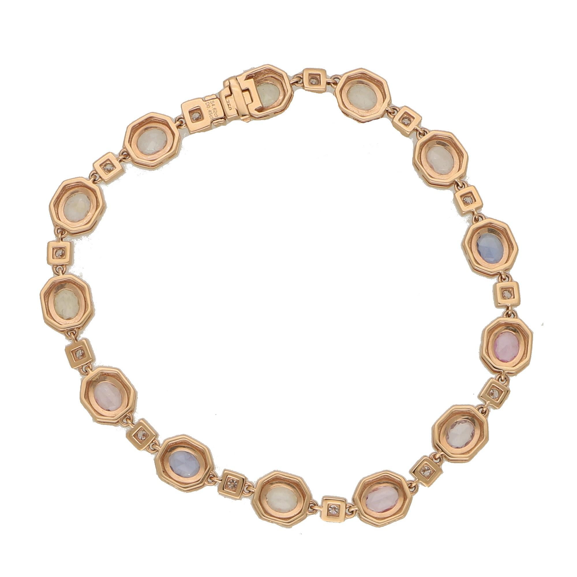 Contemporary Rainbow Sapphire and Diamond Bracelet Set in 18ct Rose Gold For Sale