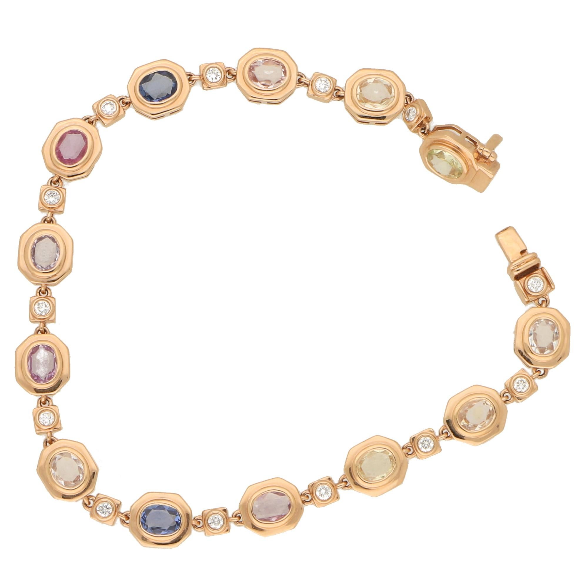 Rainbow Sapphire and Diamond Bracelet Set in 18ct Rose Gold In New Condition For Sale In London, GB