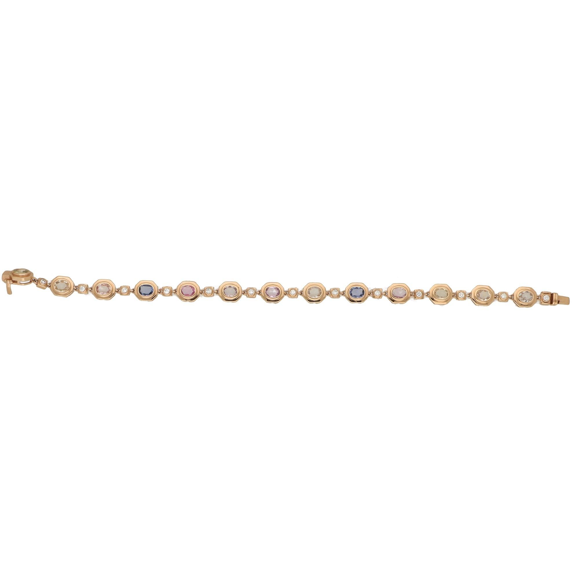 Women's or Men's Rainbow Sapphire and Diamond Bracelet Set in 18ct Rose Gold For Sale
