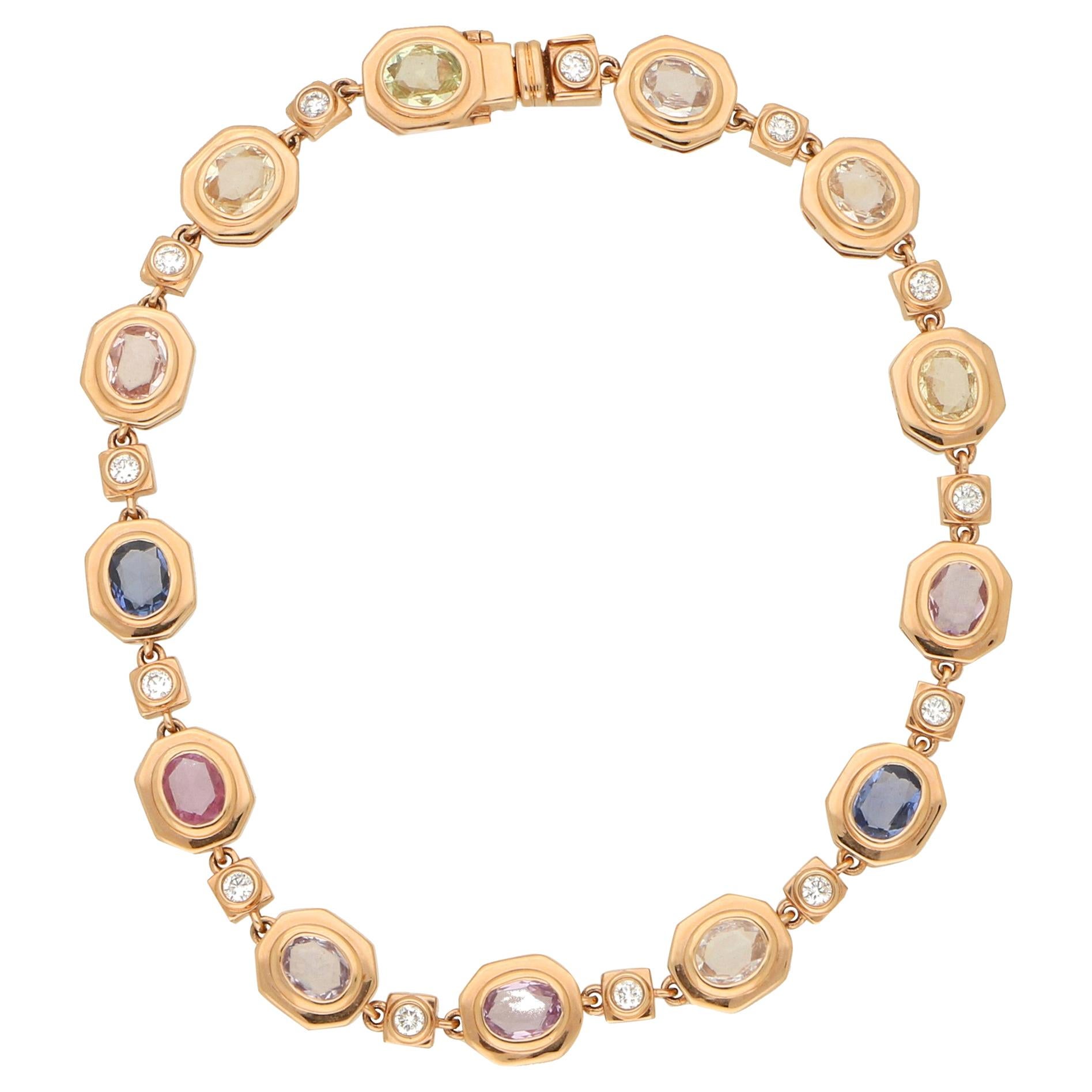 Rainbow Sapphire and Diamond Bracelet Set in 18ct Rose Gold For Sale