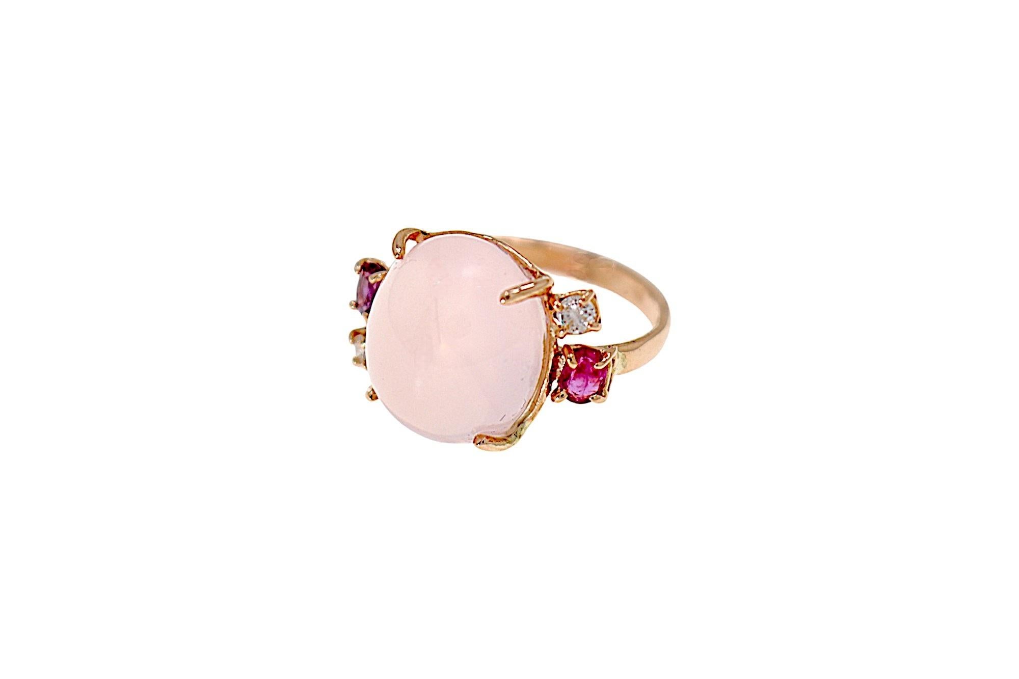 Contemporary Rose Gold Ring Rose Quarz Red Rubies White Diamonds Botta Gioielli For Sale