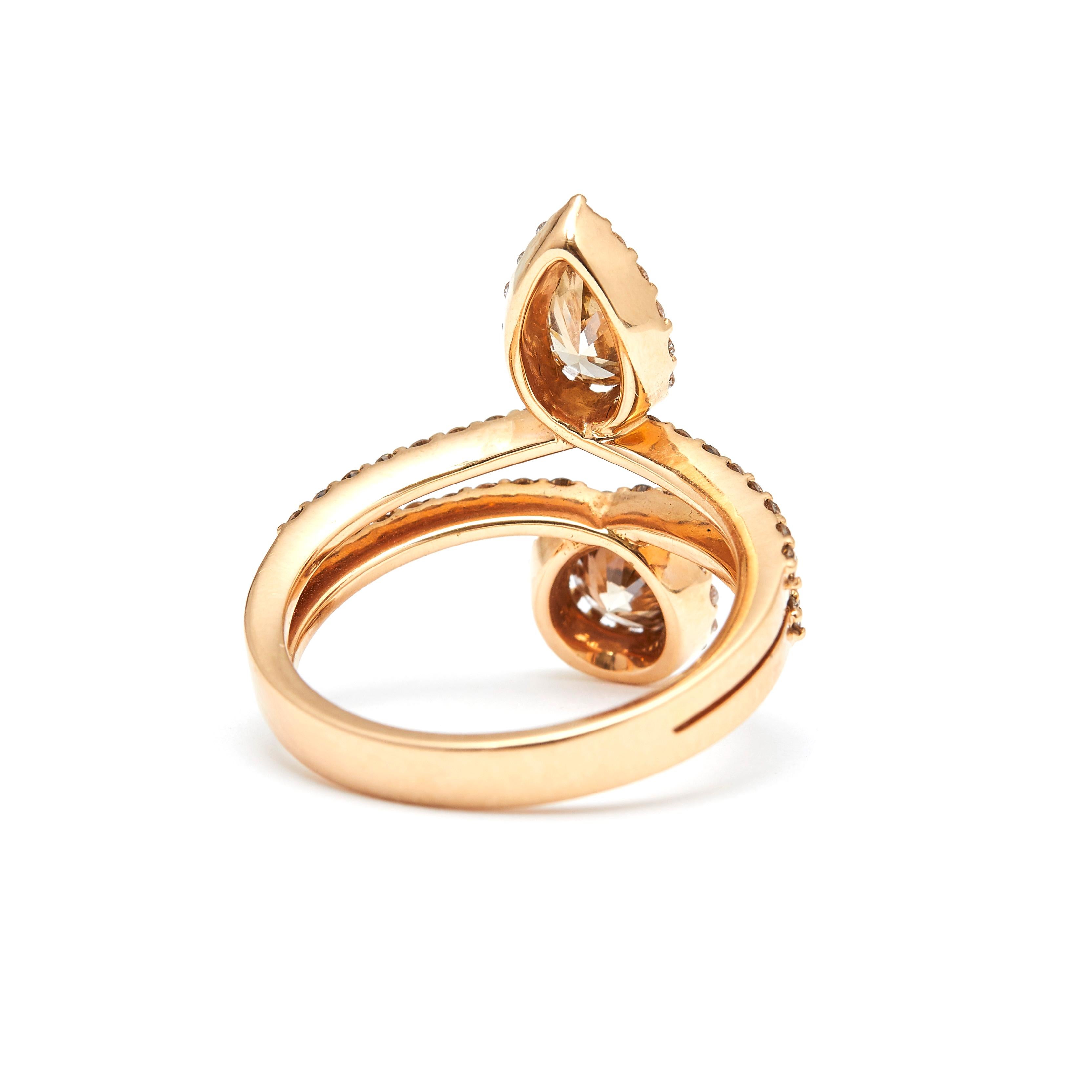 Modern Rose Gold Ring with Dual Center Brown Diamonds and Diamond Accents For Sale