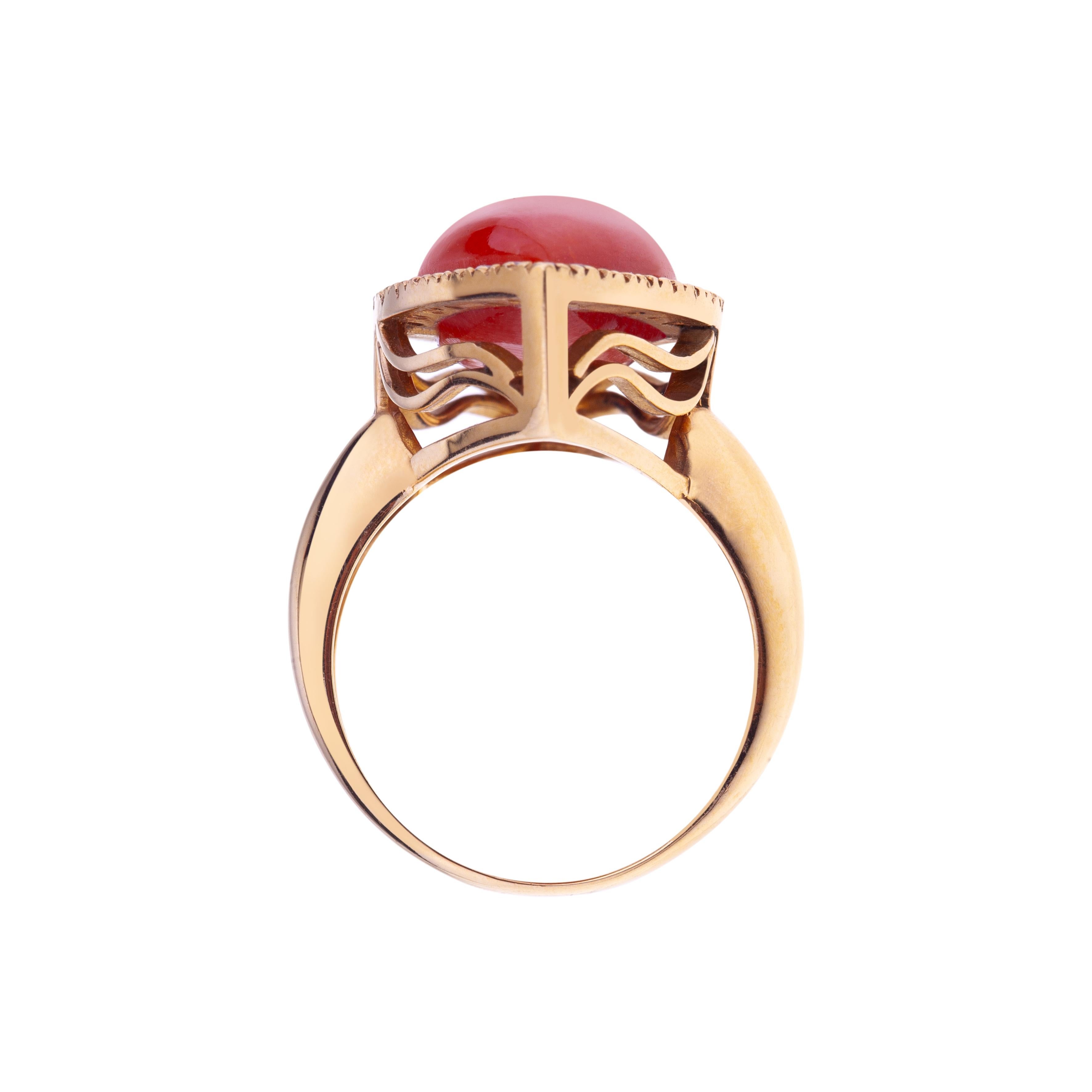 Classical Roman Rose Gold Ring with Marquise Mediterranean Coral and Diamond Border For Sale
