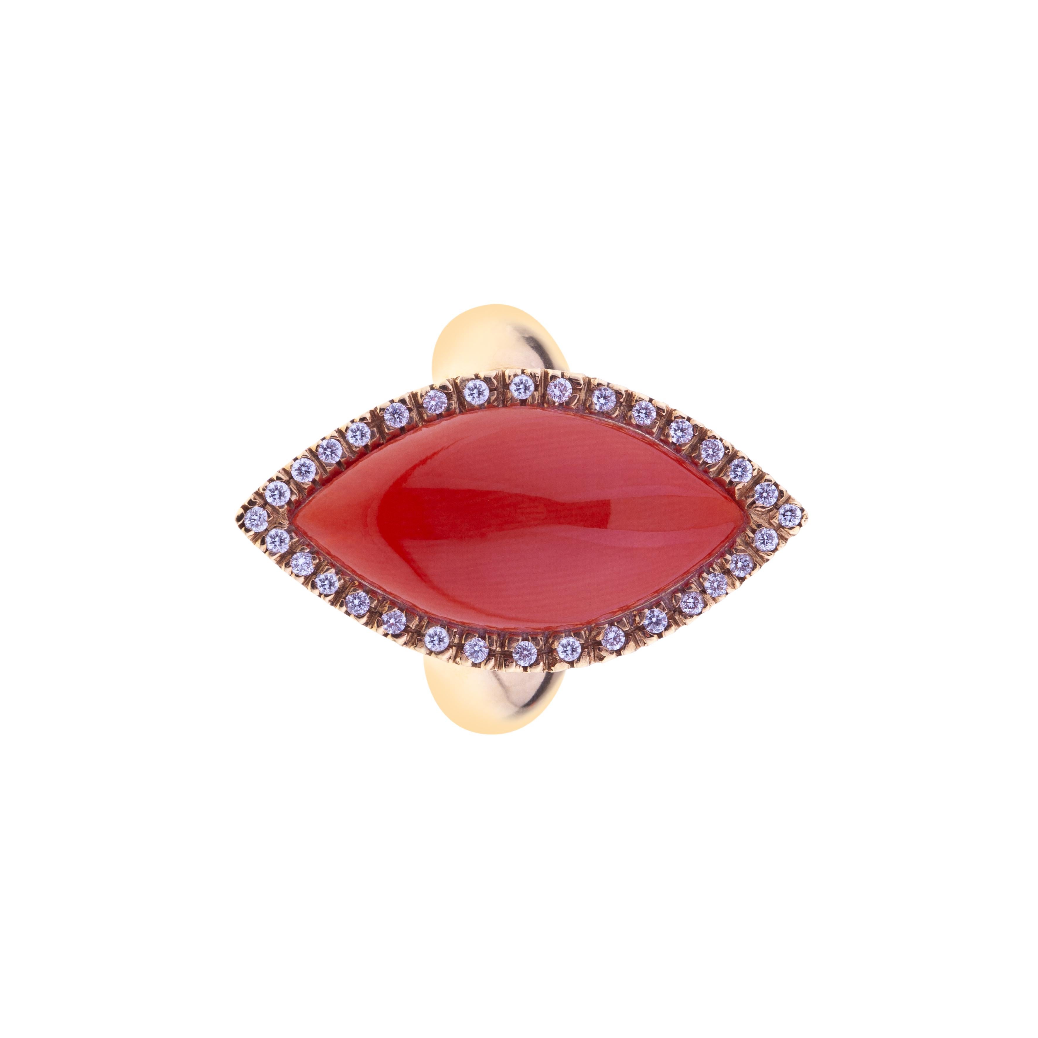 Marquise Cut Rose Gold Ring with Marquise Mediterranean Coral and Diamond Border For Sale