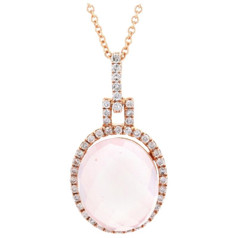 Rose Gold Rose Quartz and Diamond Halo Pendant Necklace, 14k Cabochon 6.55ctw