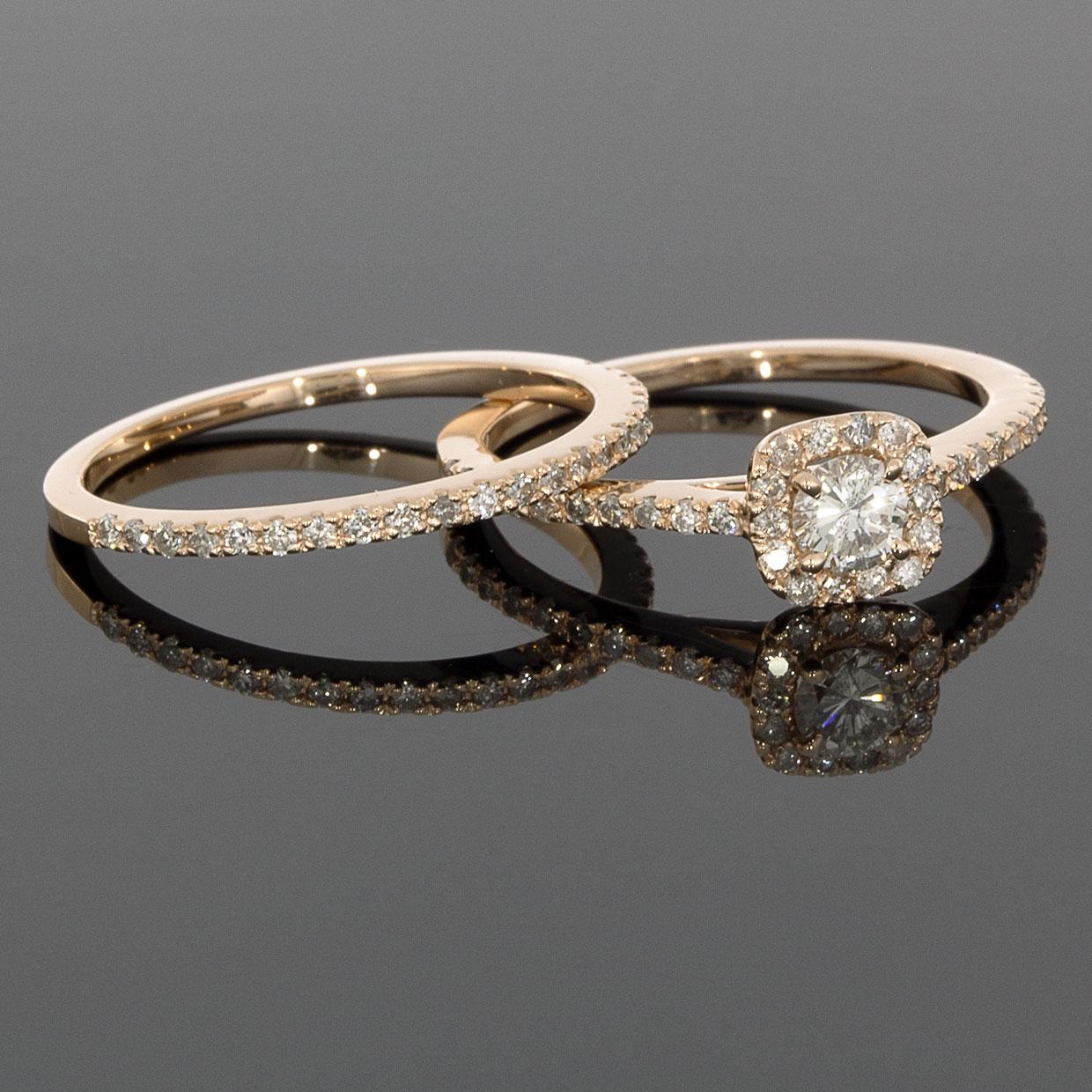 Round Cut Rose Gold Round Diamond Cushion Halo Engagement Ring Wedding Set