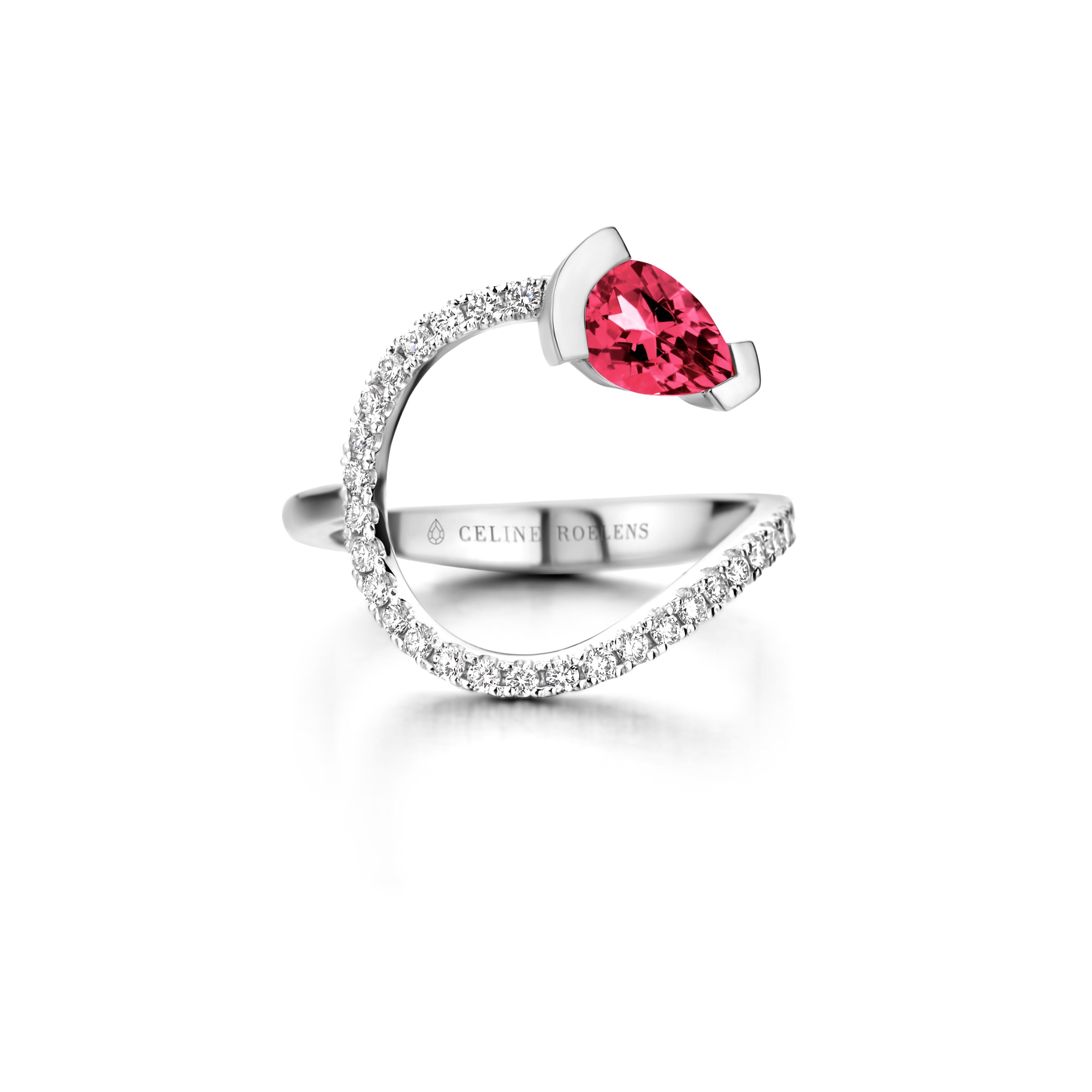 ADELINE curved ring in 18Kt rose gold set with a pear shaped Rubellite and 0,33 Ct of white brilliant cut diamonds - VS F quality.