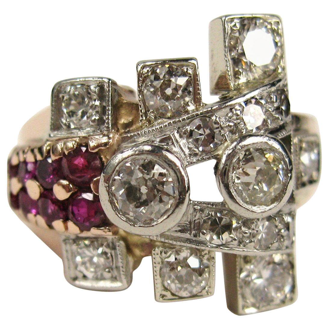 Vintage 1940s Ruby and Diamond Rose Gold Cocktail Ring For Sale at 1stDibs