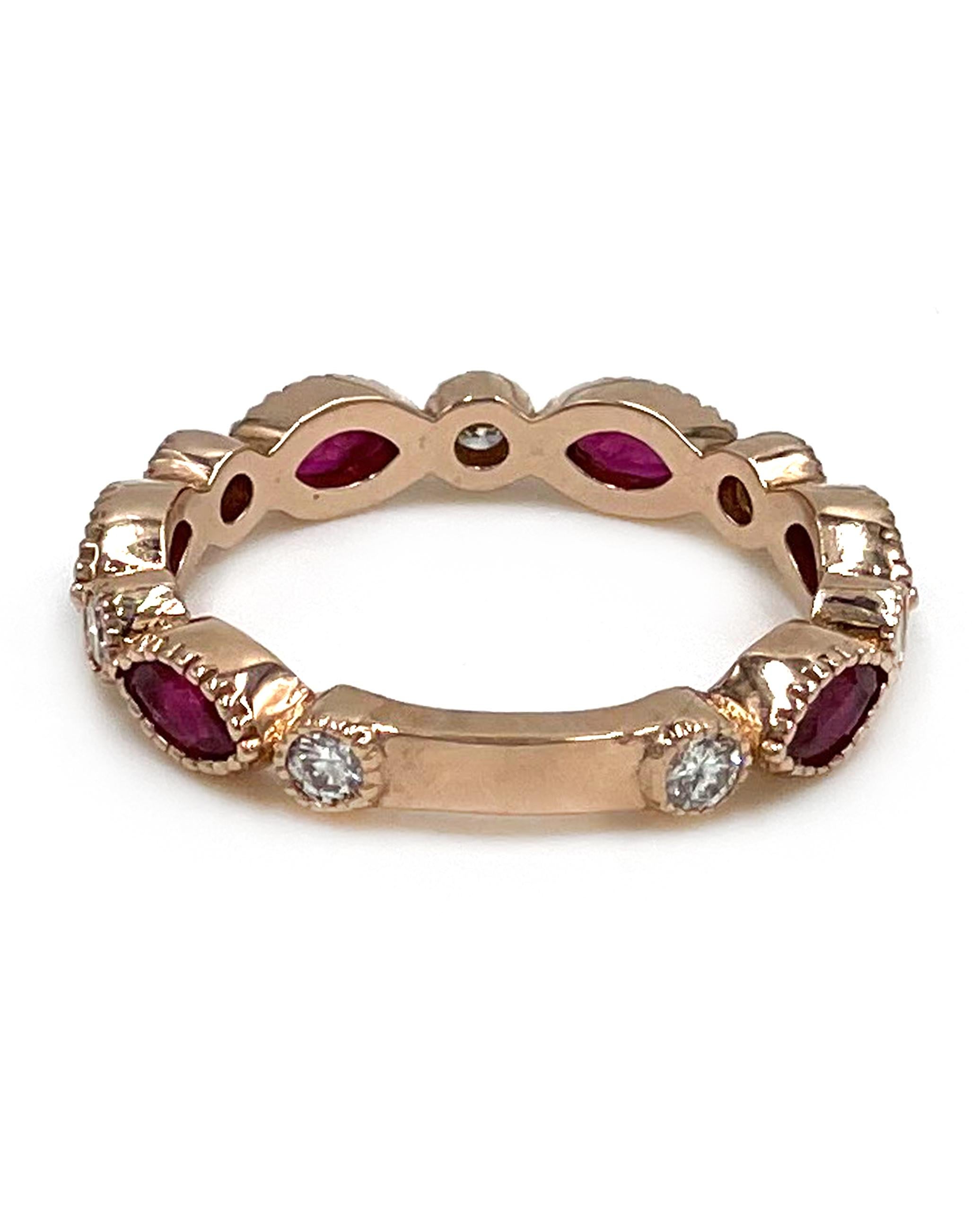 14K Rose Gold Eternity Ring with Marquise Shaped Rubies & Round Diamonds In New Condition For Sale In Old Tappan, NJ