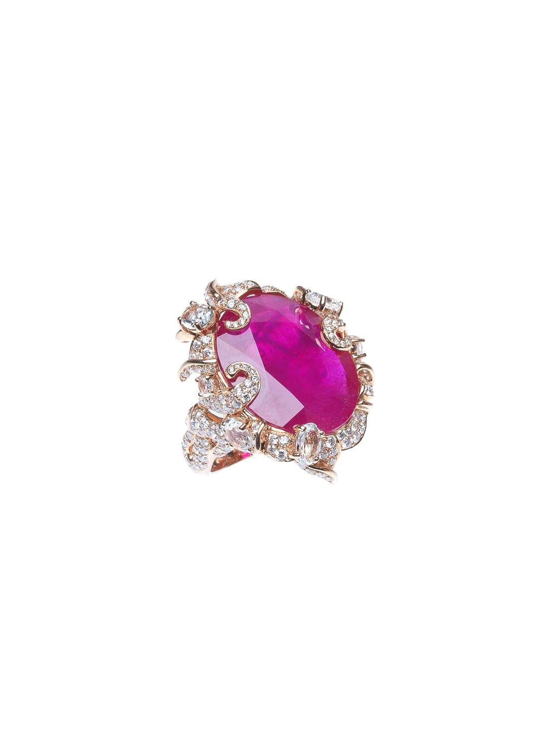Ring with round brilliant diamonds, carat total weight 3.14, topazes, carat total weight 4.72, and a ruby, 32.49 ct, set in a rose gold mounting, total weight 20.12 g