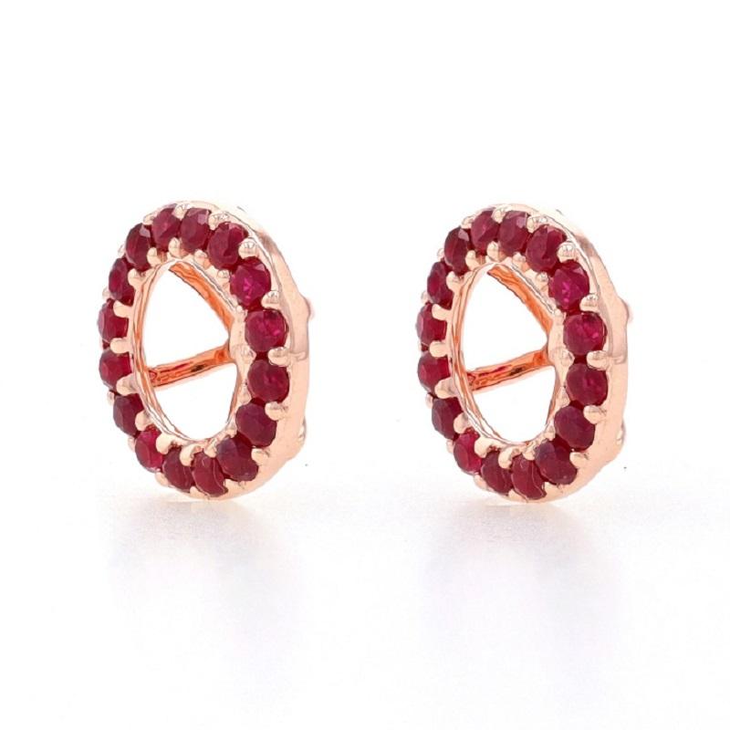 Metal Content: 14k Rose Gold

Stone Information
Natural Rubies
Treatment: Heating
Carat(s): 1.00ctw
Cut: Round
Color: Pinkish Red

Total Carats: 1.00ctw

Style: Halo Earring Enhancer Stud Jackets

Measurements
Exterior Diameter: 13/32