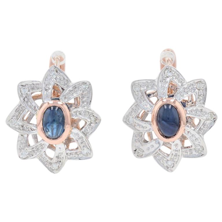 Rose Gold Sapphire and Diamond Flower Drop Earrings, 14k Cabochon .96ctw Pierced