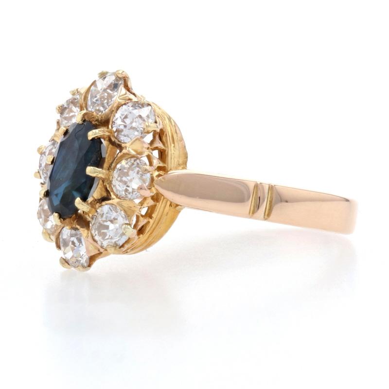 Uncut Rose Gold Sapphire & Diamond Edwardian Halo Ring 18k Oval 1.50ctw Antique Floral For Sale