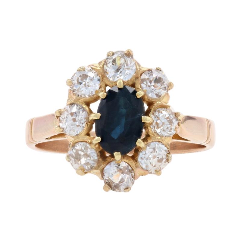 Rose Gold Sapphire & Diamond Edwardian Halo Ring 18k Oval 1.50ctw Antique Floral For Sale