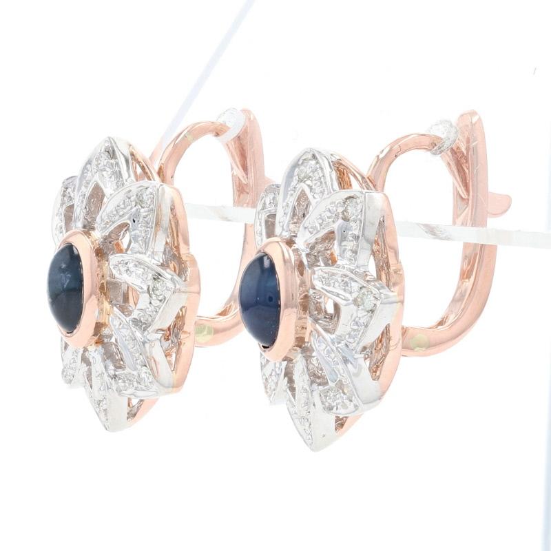 Oval Cut Rose Gold Sapphire and Diamond Flower Drop Earrings, 14k Cabochon .96ctw Pierced
