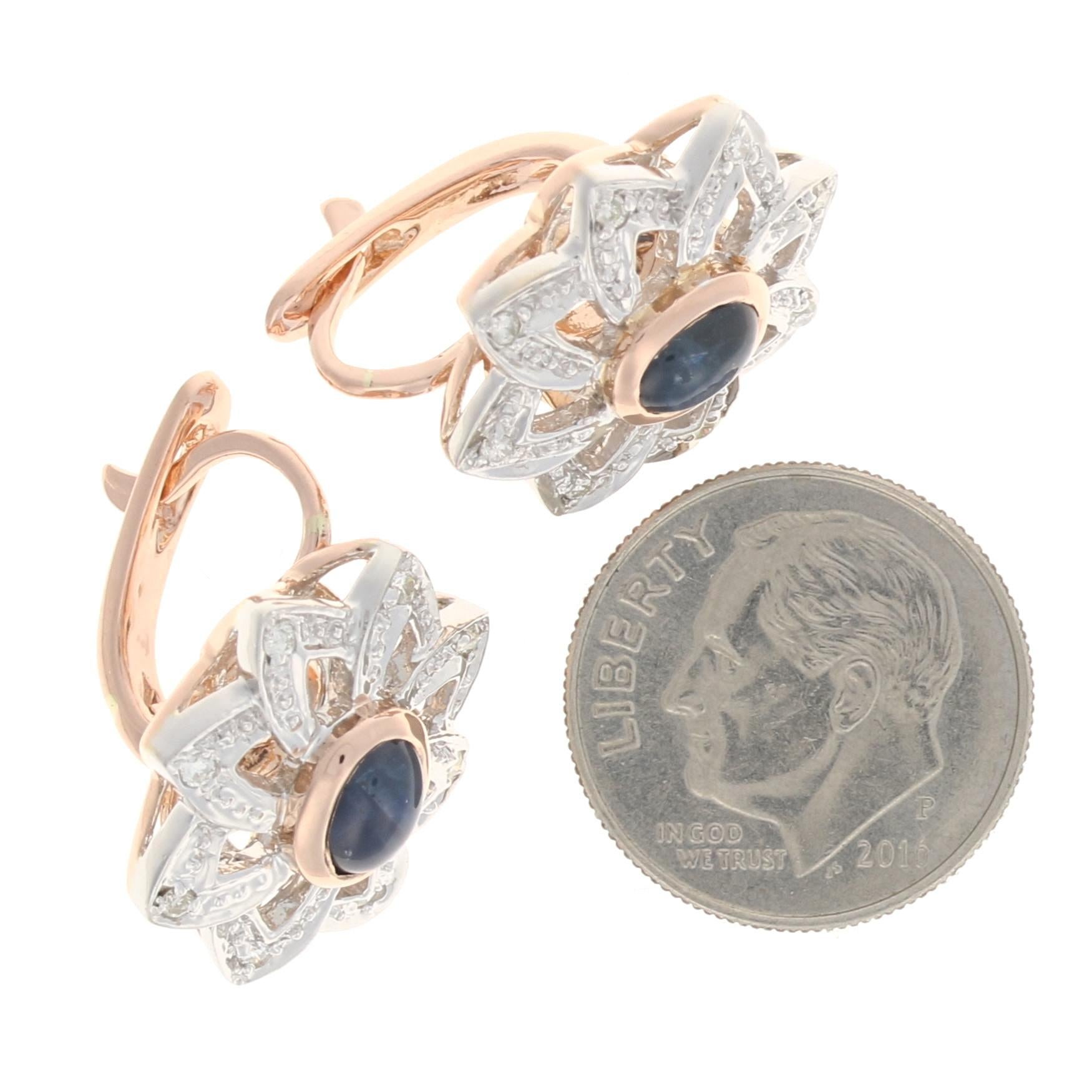 Rose Gold Sapphire and Diamond Flower Drop Earrings, 14k Cabochon .96ctw Pierced In Excellent Condition In Greensboro, NC