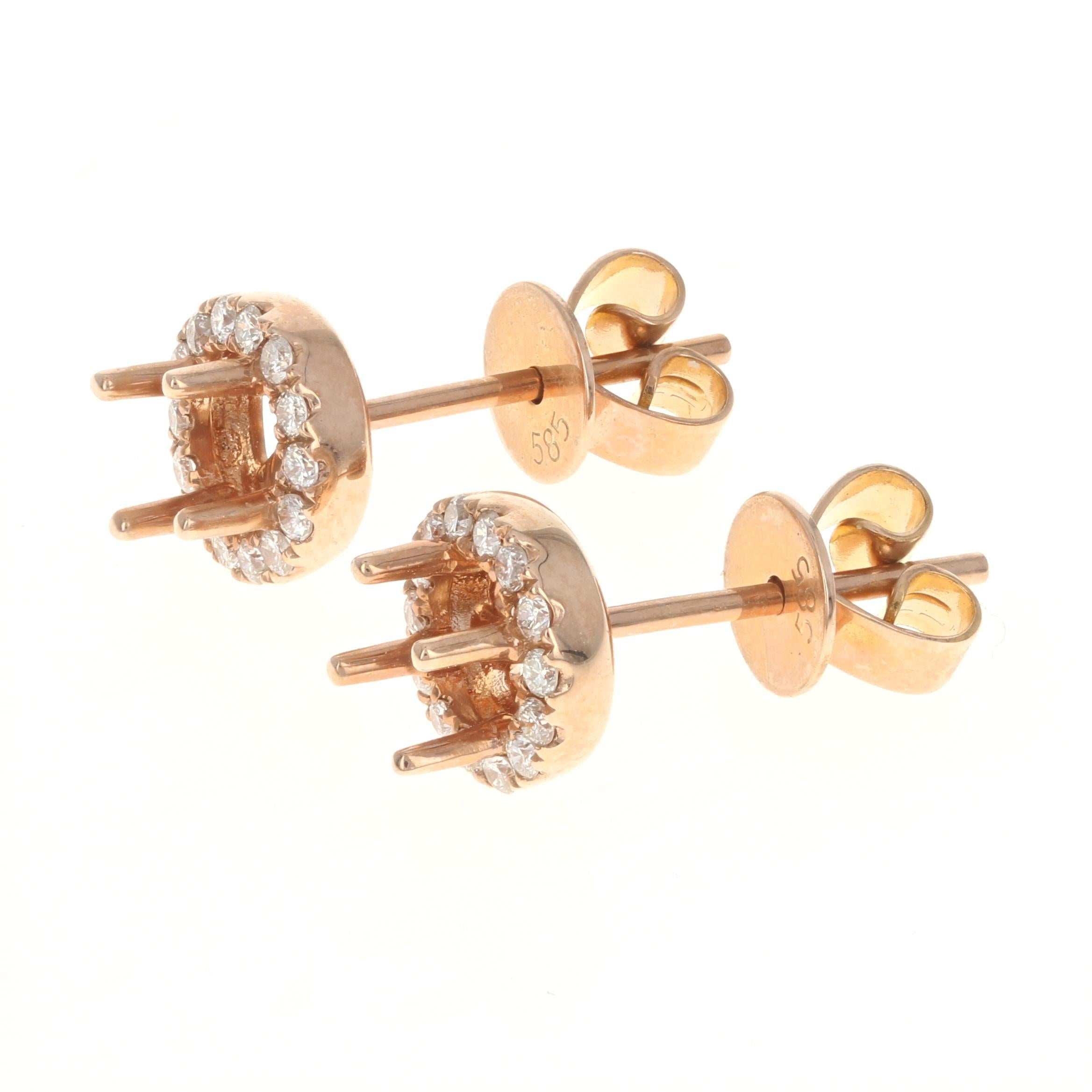 This lovely pair of new rose gold earrings would be the perfect choice to host a set of gemstones or diamonds! The earrings are adorned with 1/5ctw natural white diamonds (see below for more stone info) that are done in prong held halo fashions