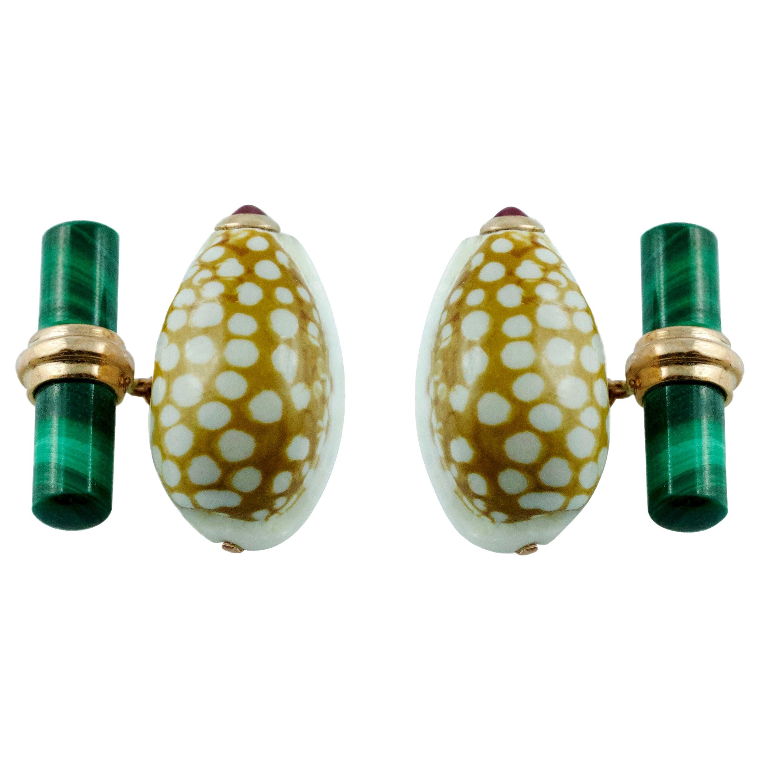 Rose Gold Shell Cufflinks with Malachite and Cabochon Rubies