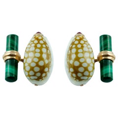 Rose Gold Shell Cufflinks with Malachite and Cabochon Rubies