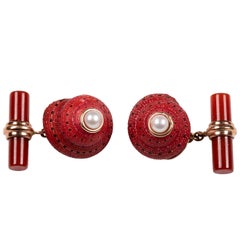 Rose Gold Shell Pearls and Carnelian Cufflinks