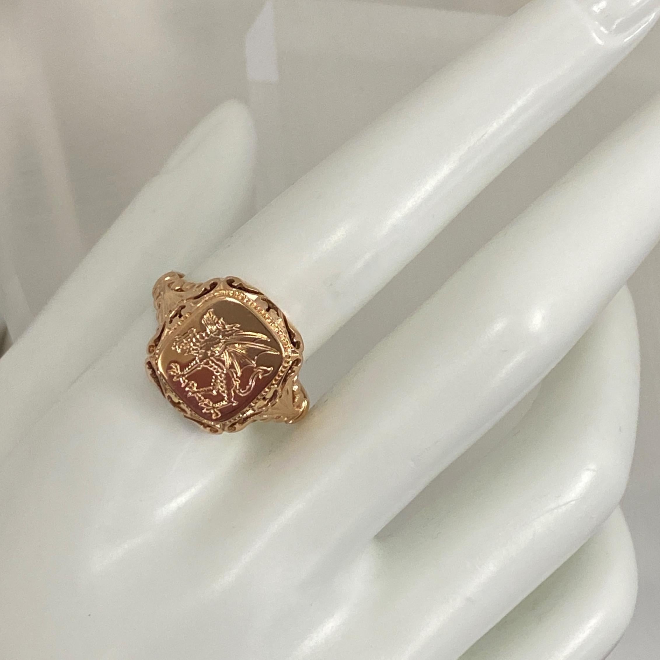 Contemporary Rose Gold Signet Ring with Hand-Engraved Dragon Passant