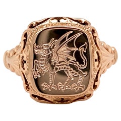 Rose Gold Signet Ring with Hand-Engraved Dragon Passant