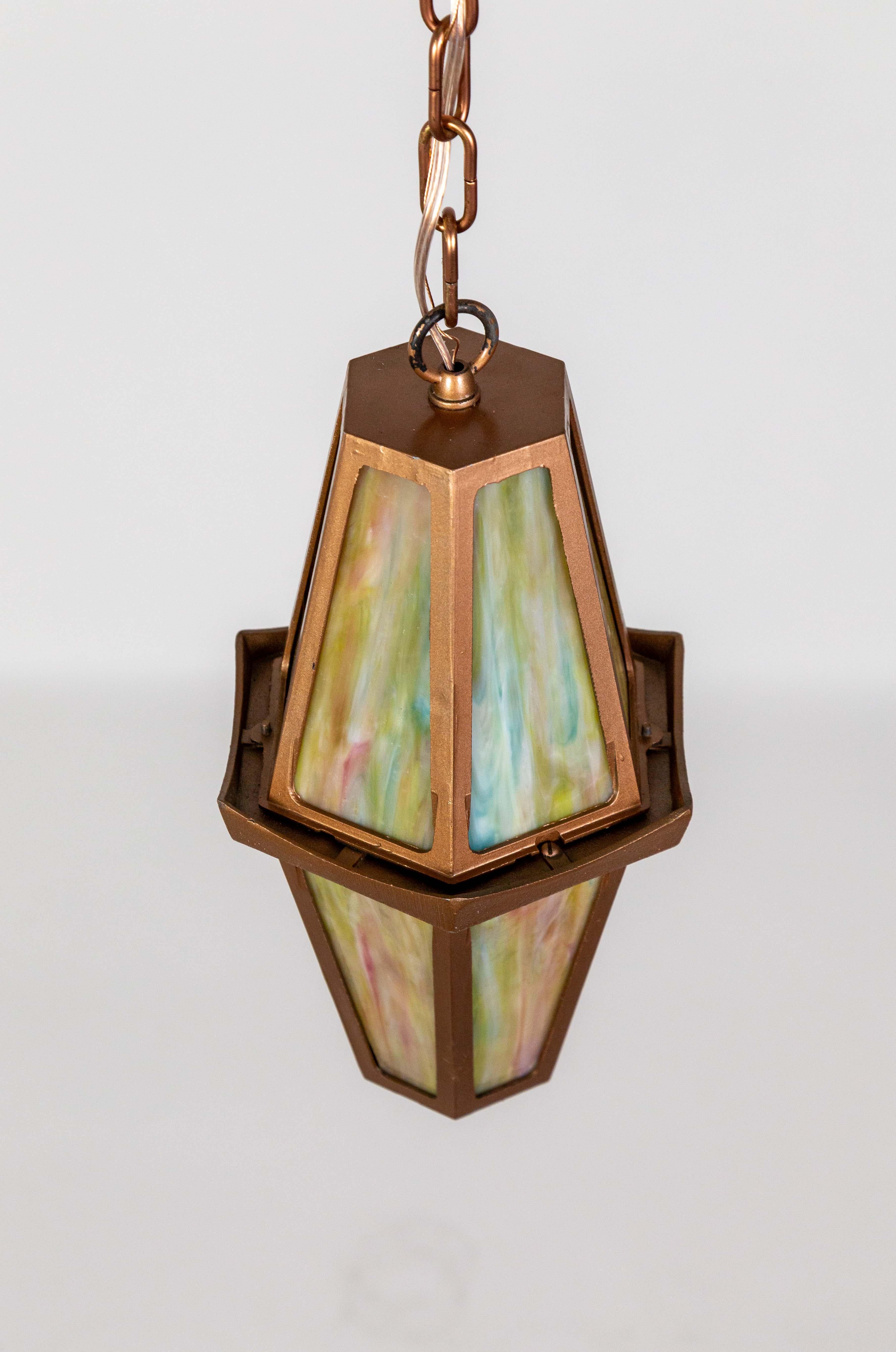 Mid-20th Century Rose Gold Slag Glass Hanging Lantern For Sale