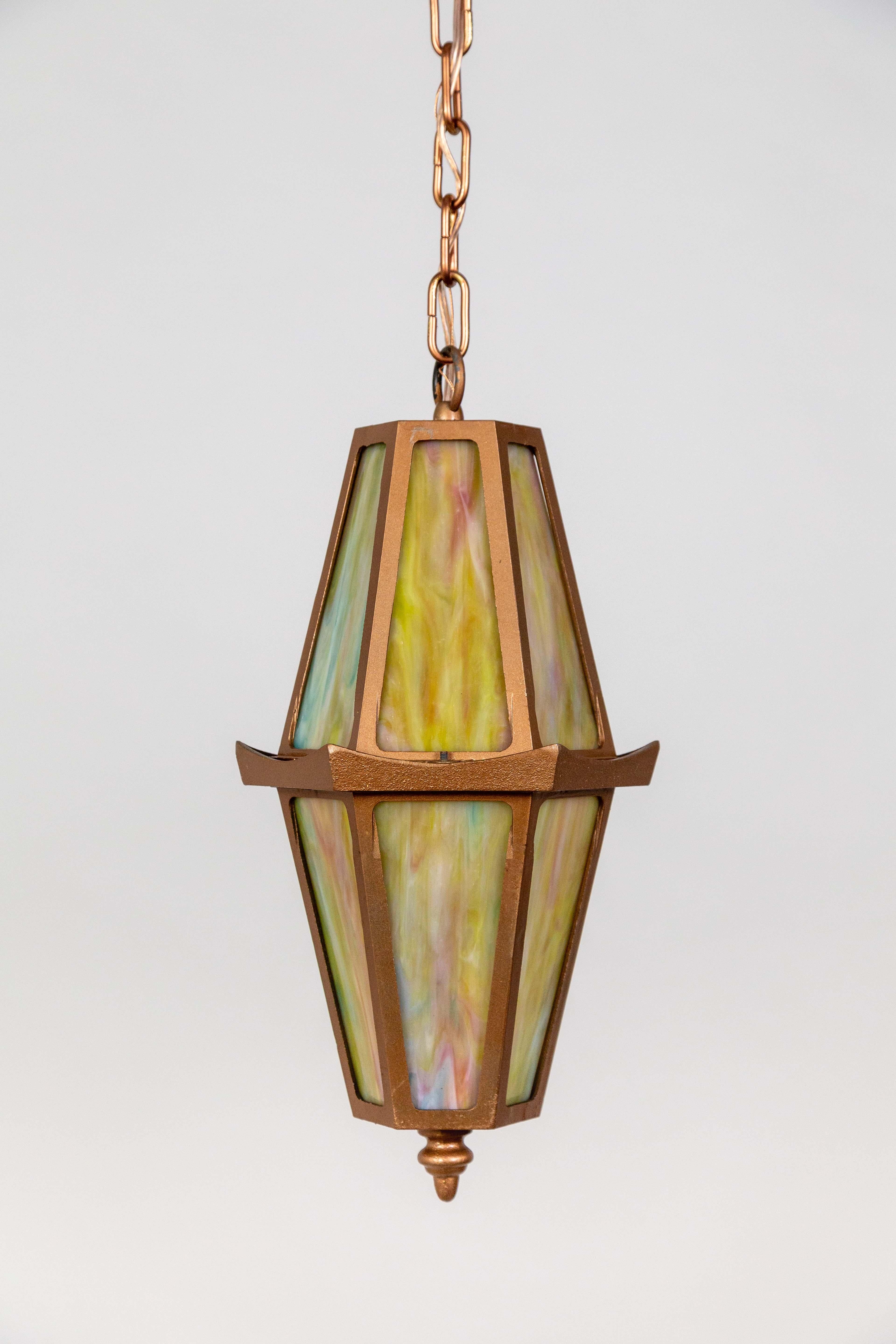 Metal Rose Gold Slag Glass Hanging Lantern For Sale