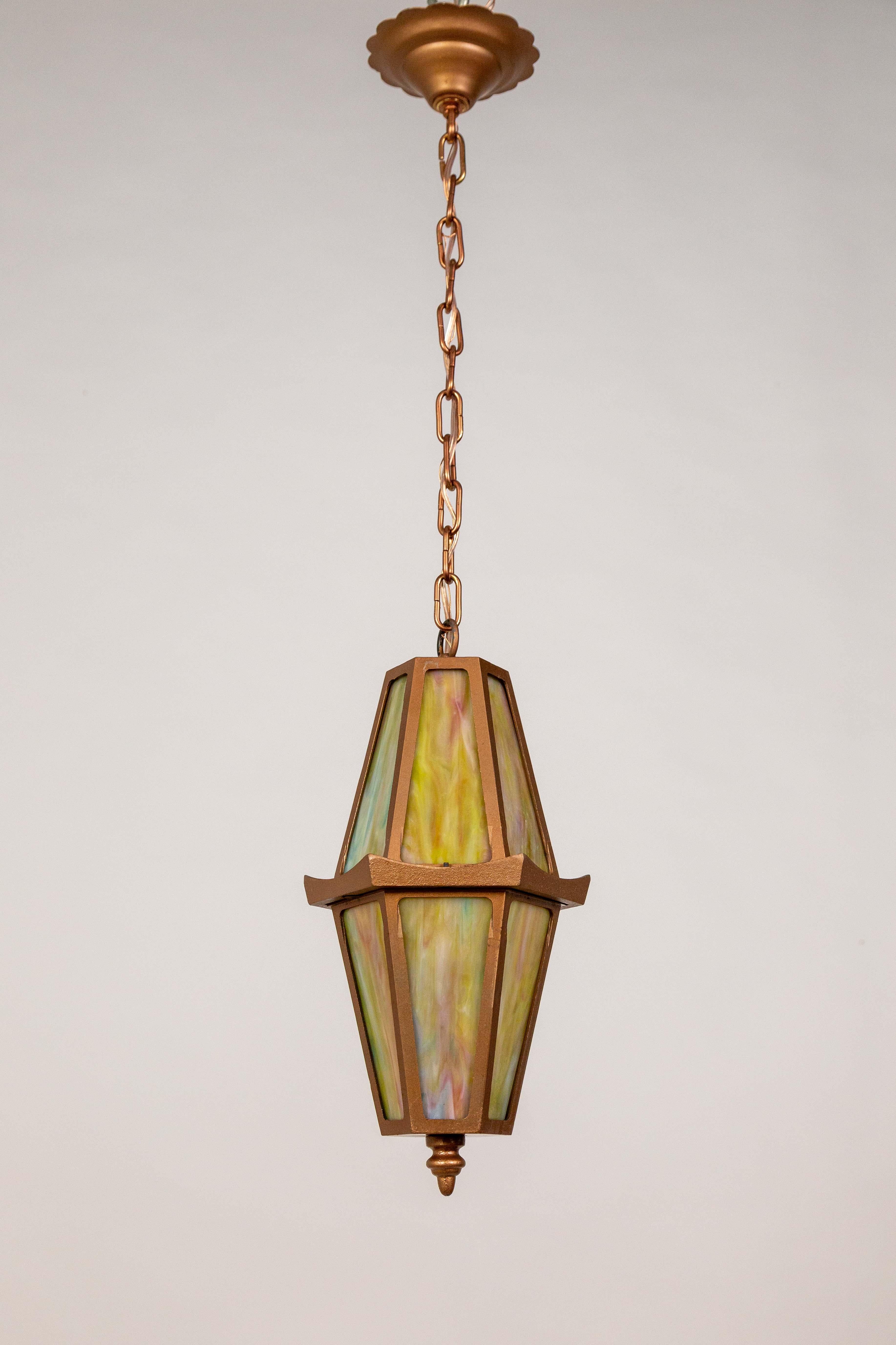 Rose Gold Slag Glass Hanging Lantern For Sale 1