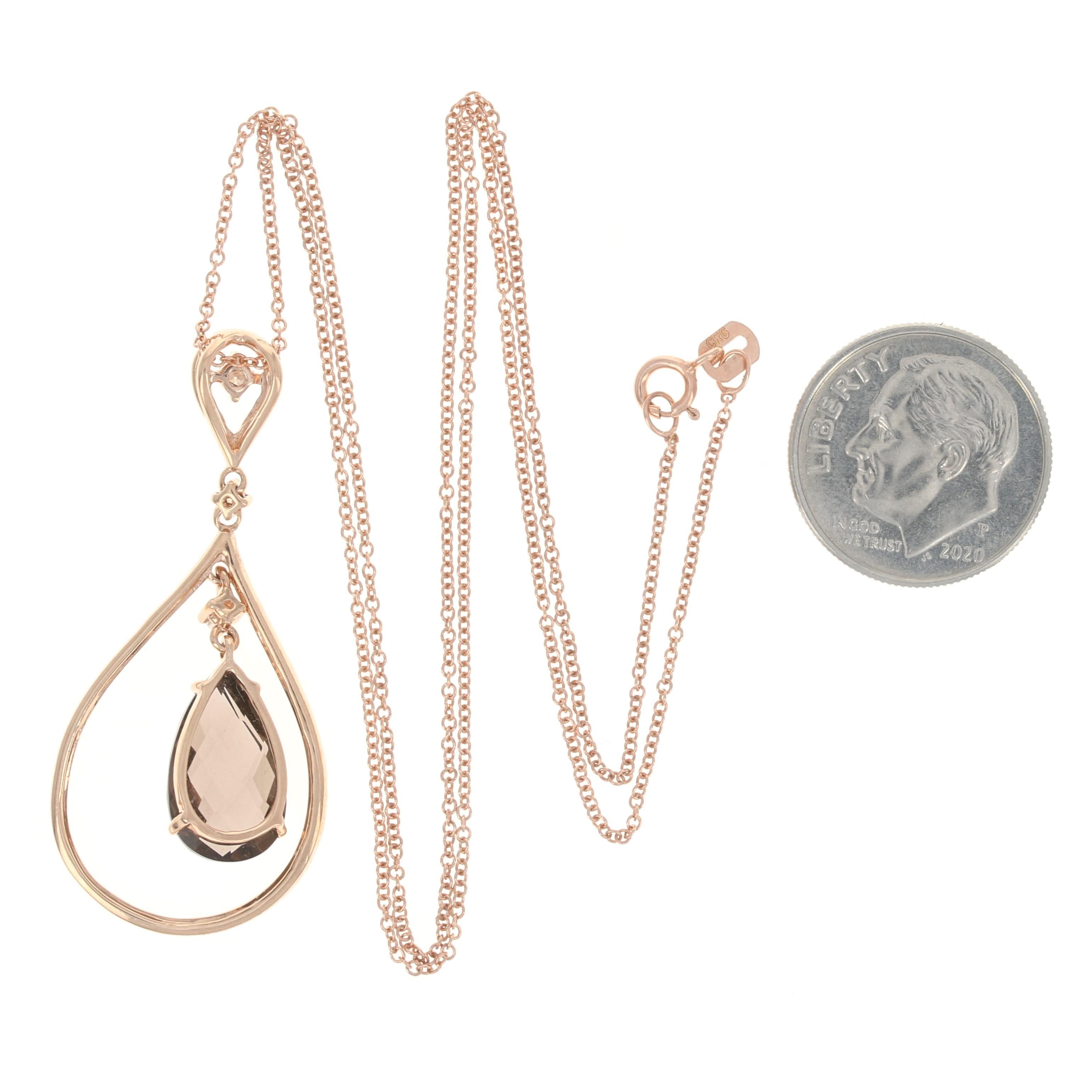 Rose Gold Smoky Quartz & Diamond Halo Drop Pendant Necklace 14k Pear 3.93ctw In New Condition For Sale In Greensboro, NC