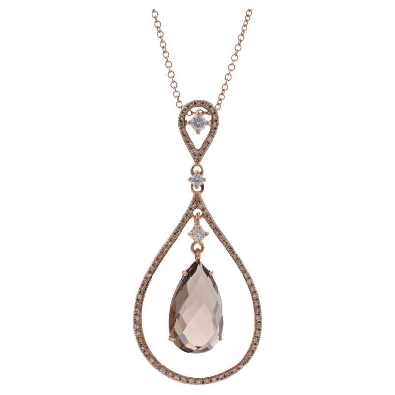 Rose Gold Smoky Quartz & Diamond Halo Drop Pendant Necklace 14k Pear 3.93ctw For Sale