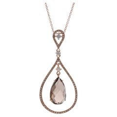 Rose Gold Smoky Quartz & Diamond Halo Drop Pendant Necklace 14k Pear 3.93ctw