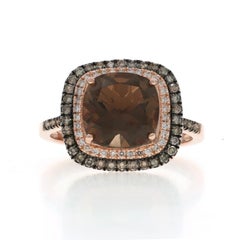 Rose Gold Smoky Quartz Diamond Halo Ring - 14k Cushion 3.53ctw