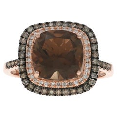 Rose Gold Smoky Quartz Diamond Halo Ring - 14k Cushion 3.53ctw