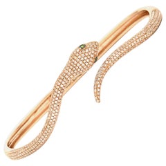 Rose Gold Snake Bangle Bracelet Diamond Pave' Over 1 Carat Green Tsavorite Eyes