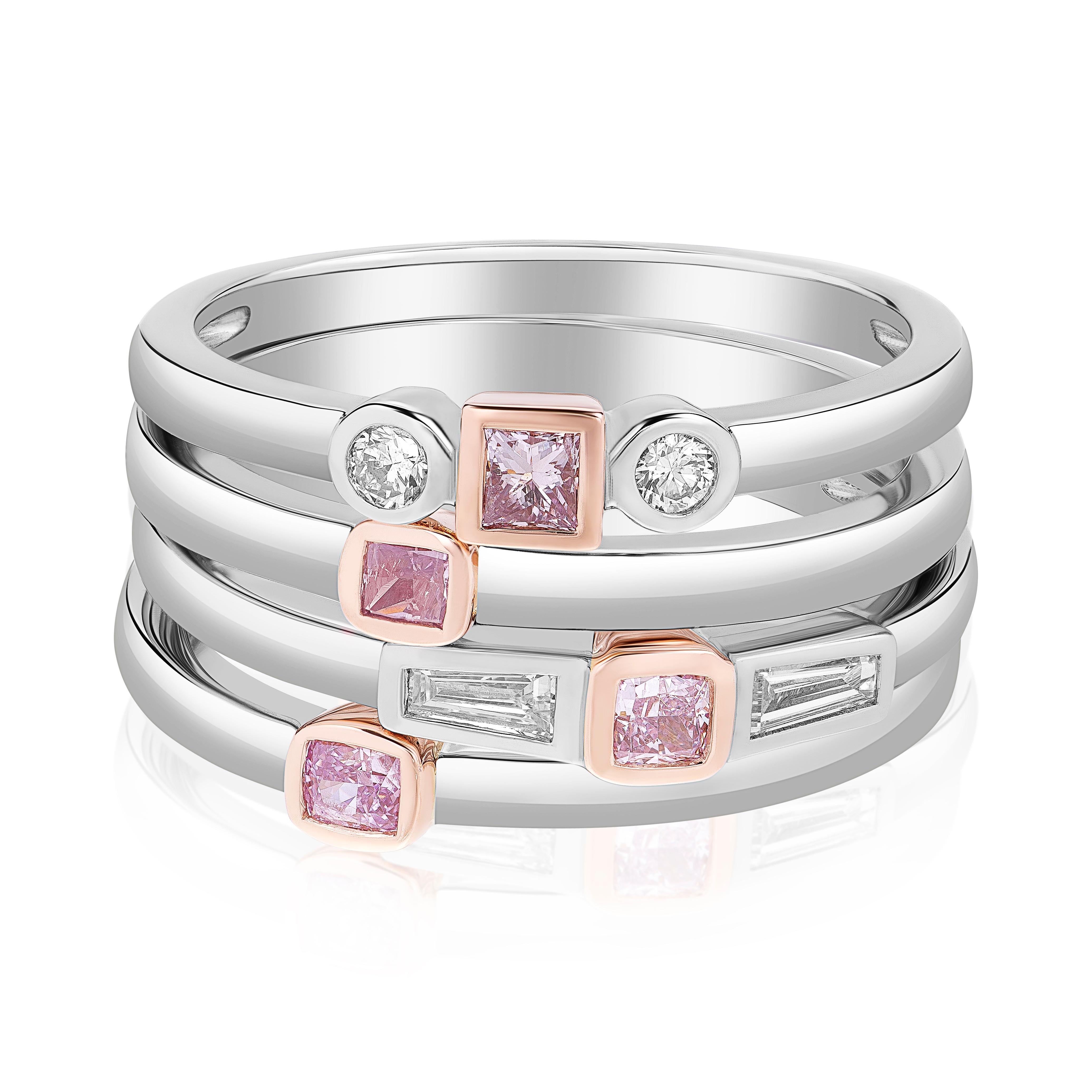 14k Gold Stackable Ring Featuring a 0.08 Pink Diamond Accented by Baguettes For Sale 5