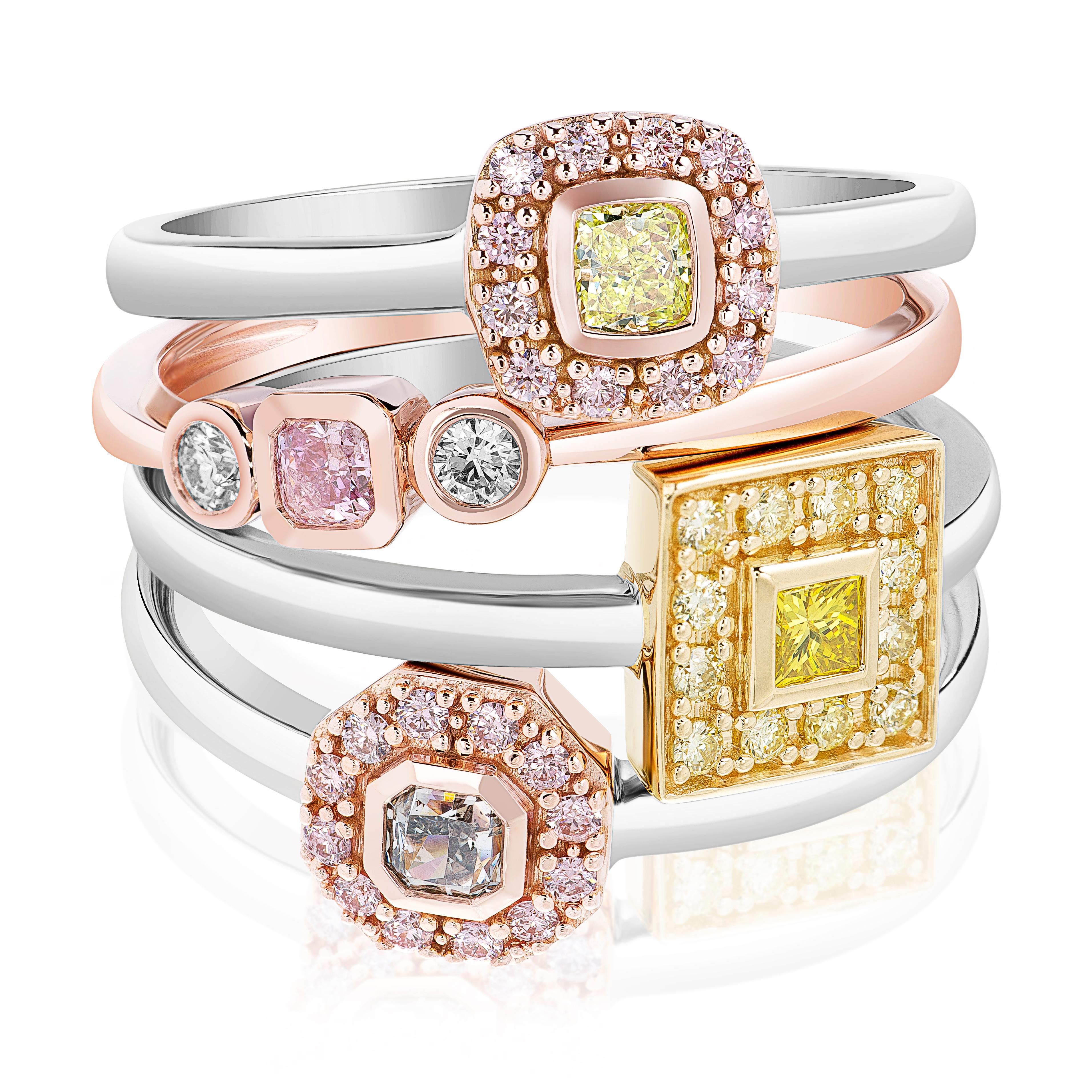 Cushion Cut 14k Gold Stackable Ring Featuring a 0.08 Pink Diamond Accented by Baguettes For Sale