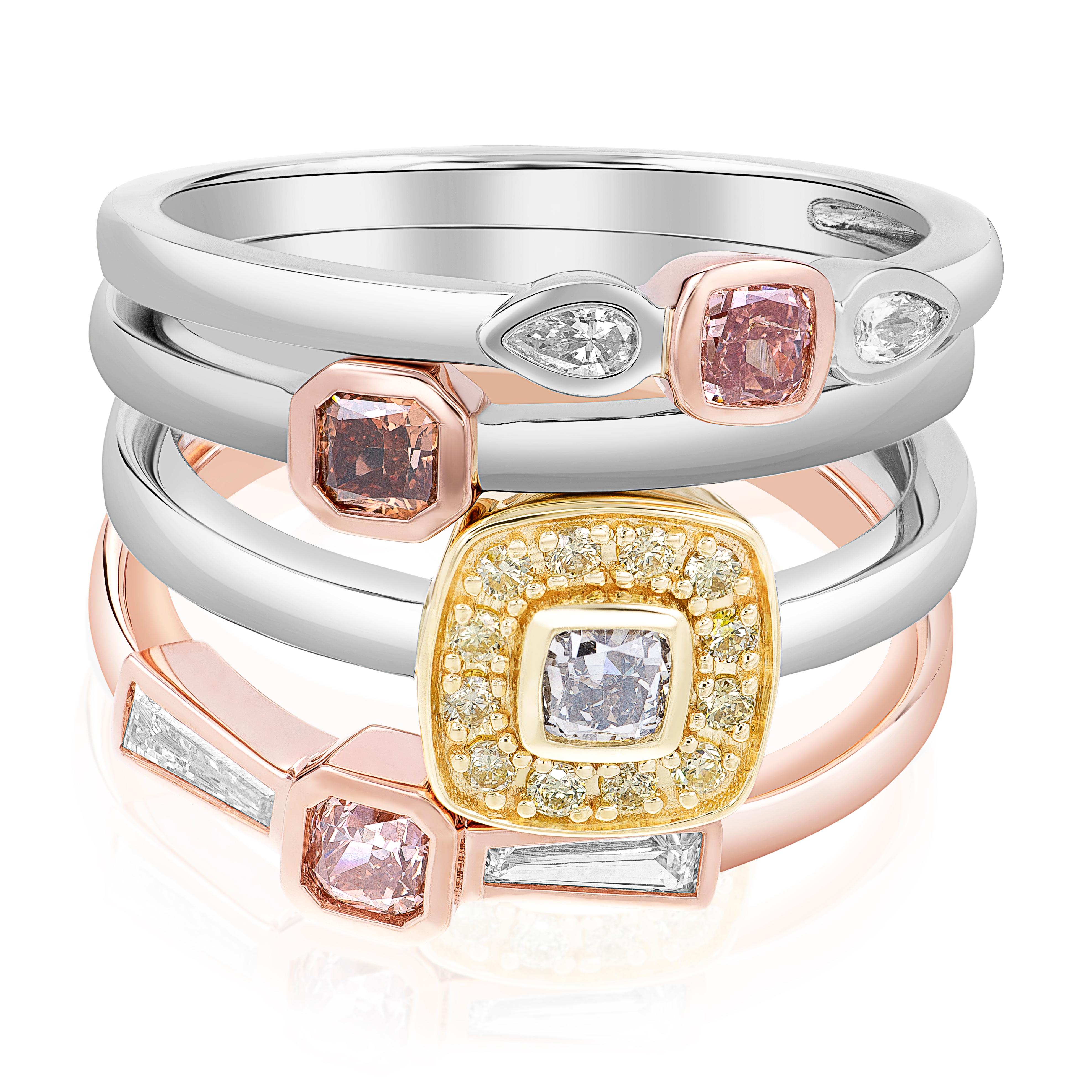 Women's 14k Gold Stackable Ring Featuring a 0.08 Pink Diamond Accented by Baguettes For Sale