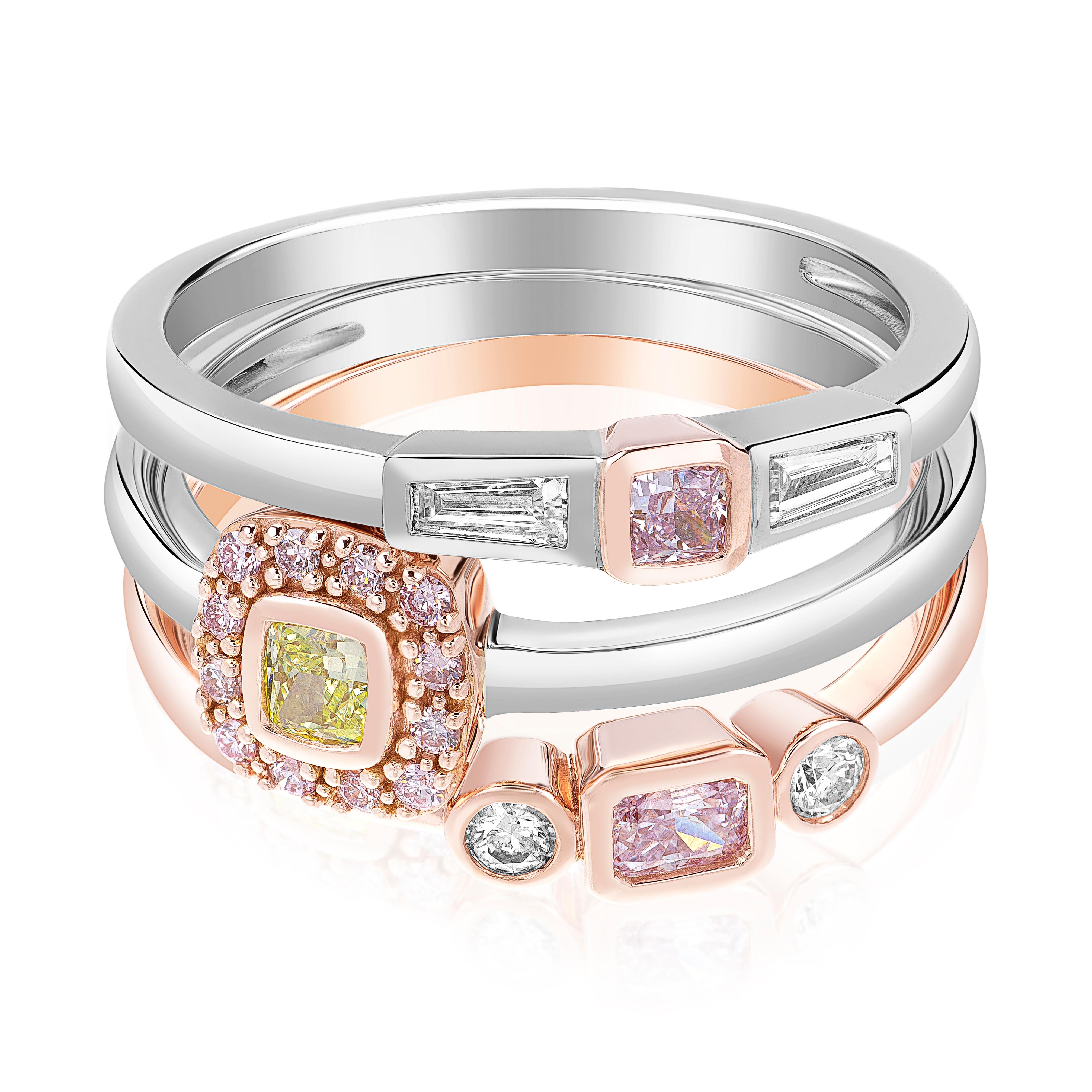 14k Gold Stackable Ring Featuring a 0.08 Pink Diamond Accented by Baguettes For Sale 1