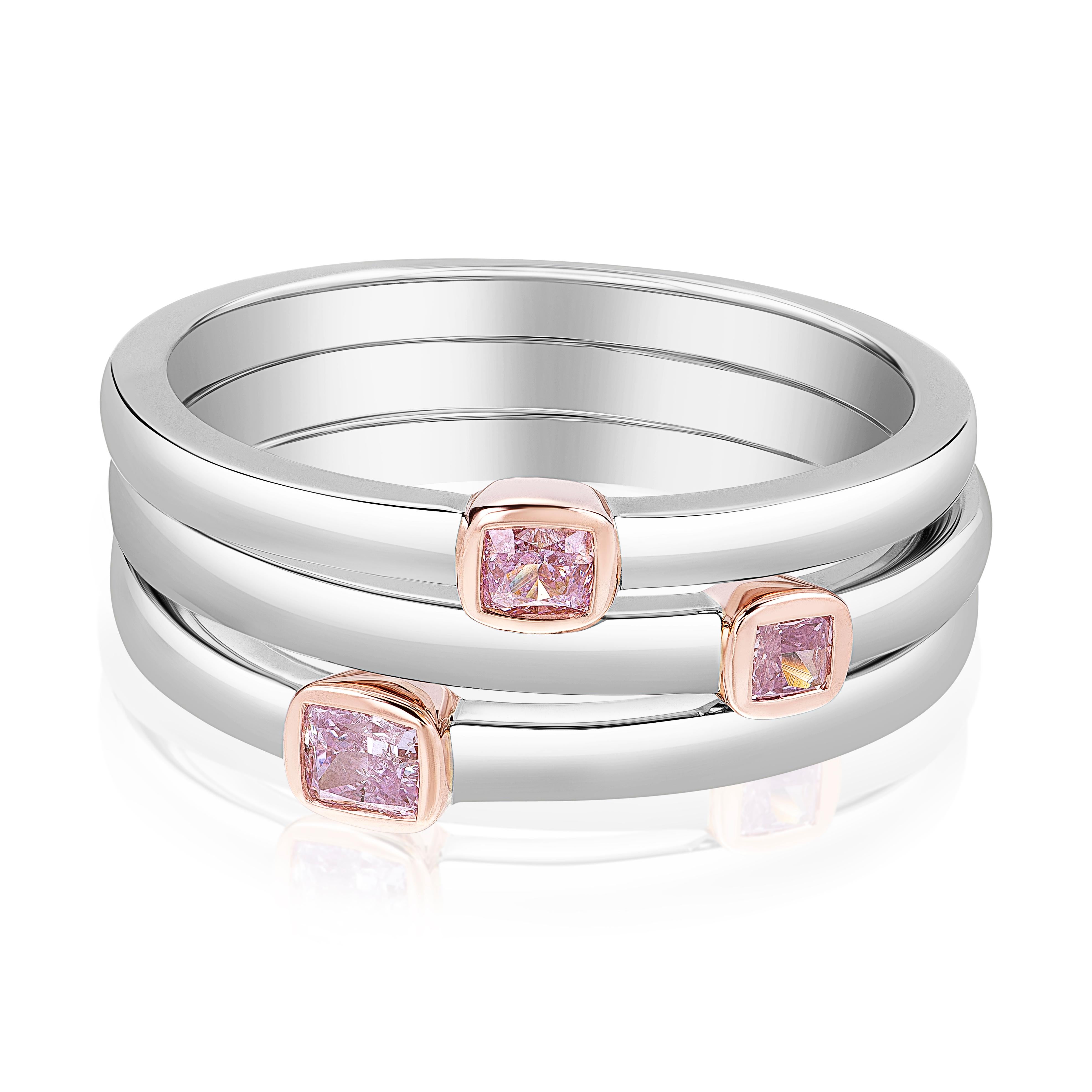 14k Gold Stackable Ring Featuring a 0.08 Pink Diamond Accented by Baguettes For Sale 2