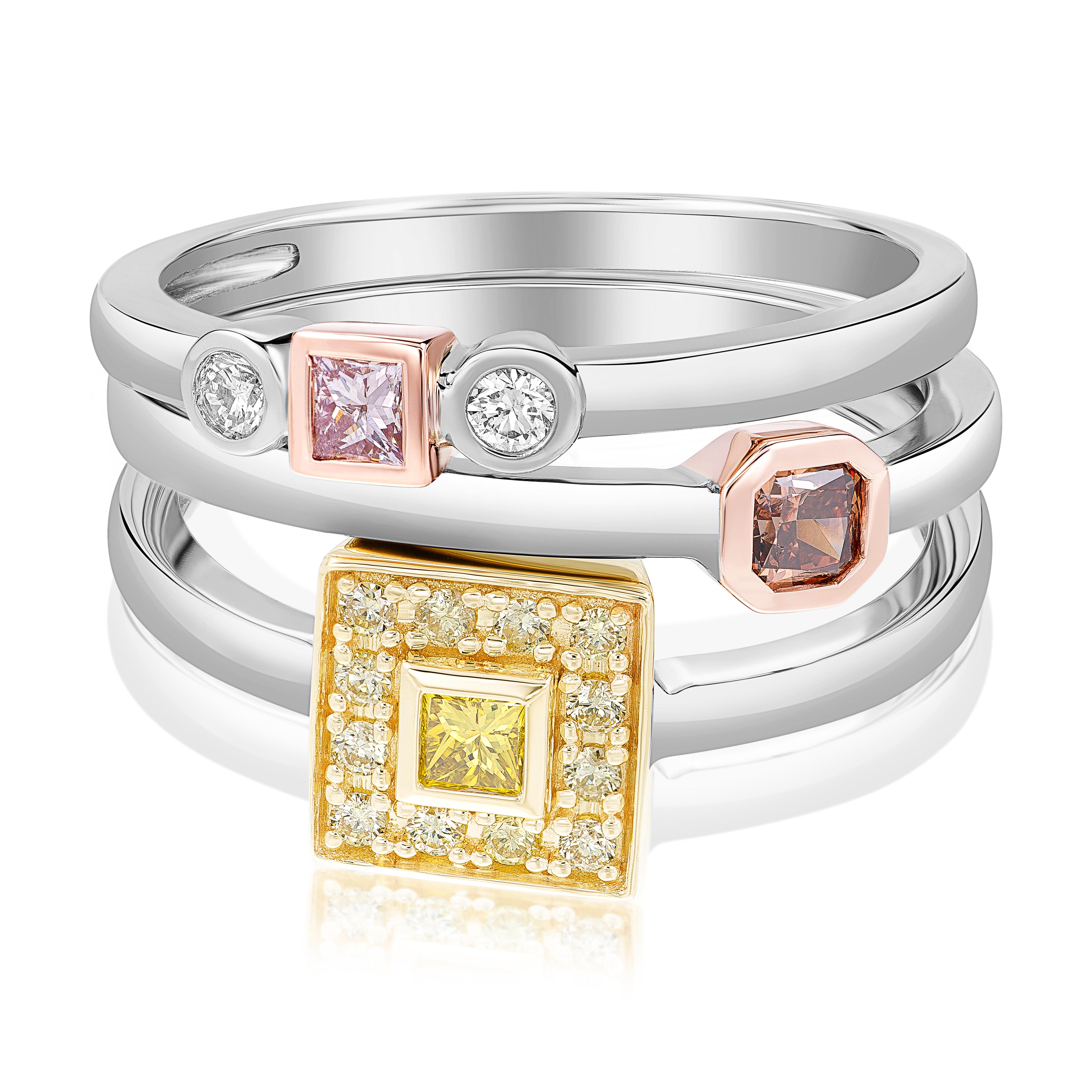 14k Gold Stackable Ring Featuring a 0.08 Pink Diamond Accented by Baguettes For Sale 3