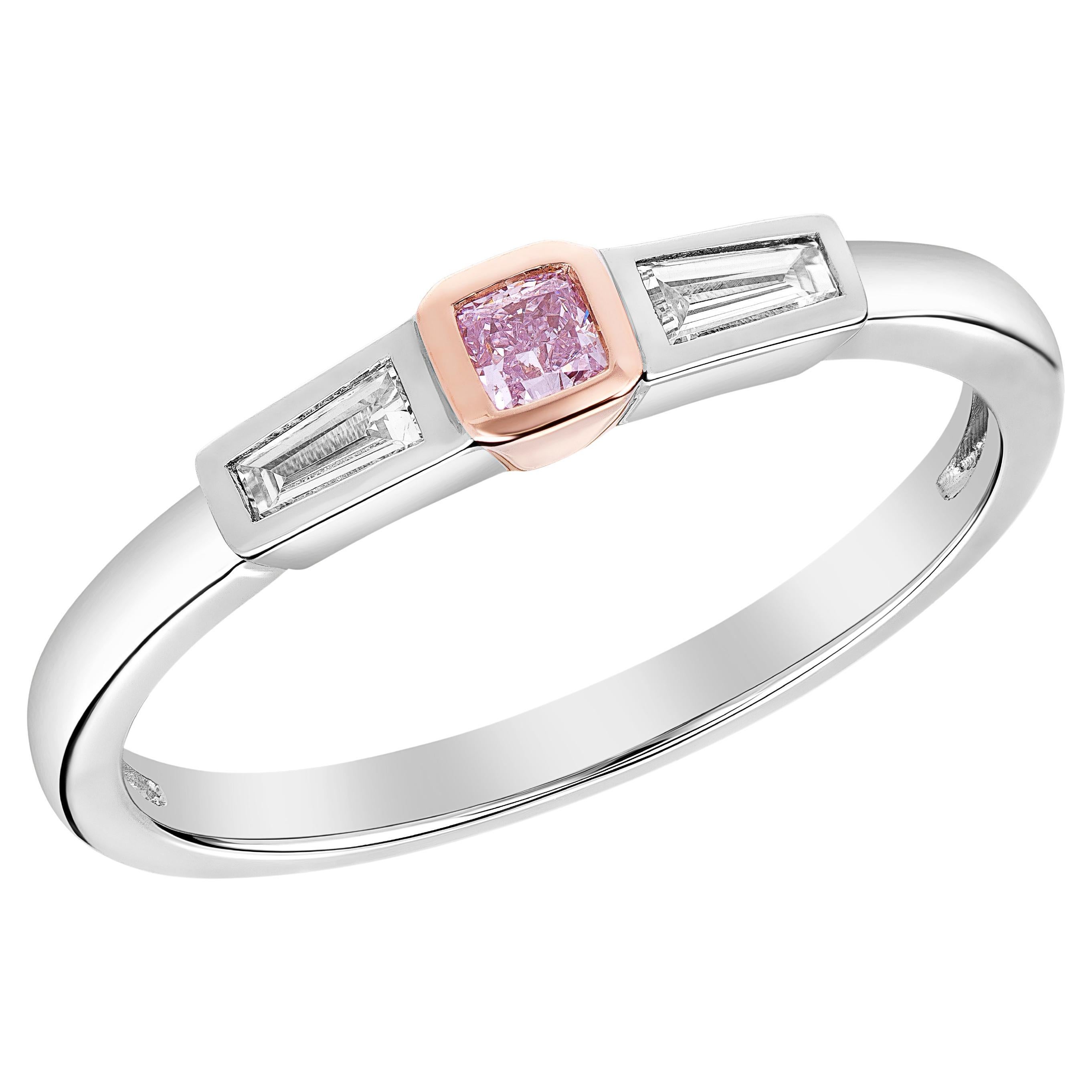 14k Gold Stackable Ring Featuring a 0.08 Pink Diamond Accented by Baguettes For Sale