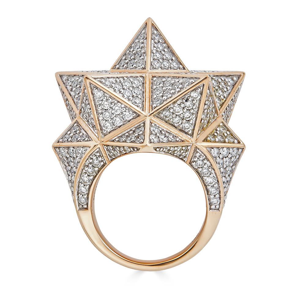 Inspired by sacred geometries, namely the Star Tetrahedron, this John Brevard statement ring is created in 18K yellow gold with 352 pavé round white diamonds at 1.0 -1.5 mm each (4.8 carats total). The star tetrahedron is the intersection of two