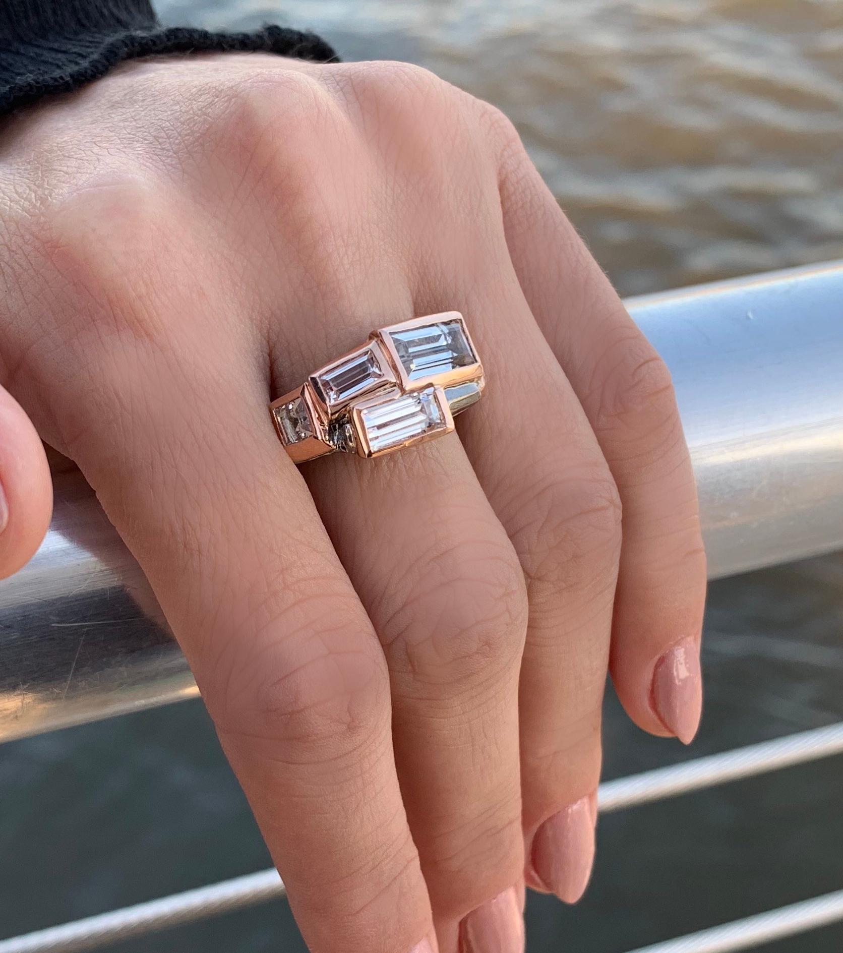 The Mineral ring congers the effect of a natural free form mineral growing in nature. The rose gold settings are inlaid in the blackened sterling silver shank and set with white topaz baguettes and a square cut to create a bold modern feel.

14kt