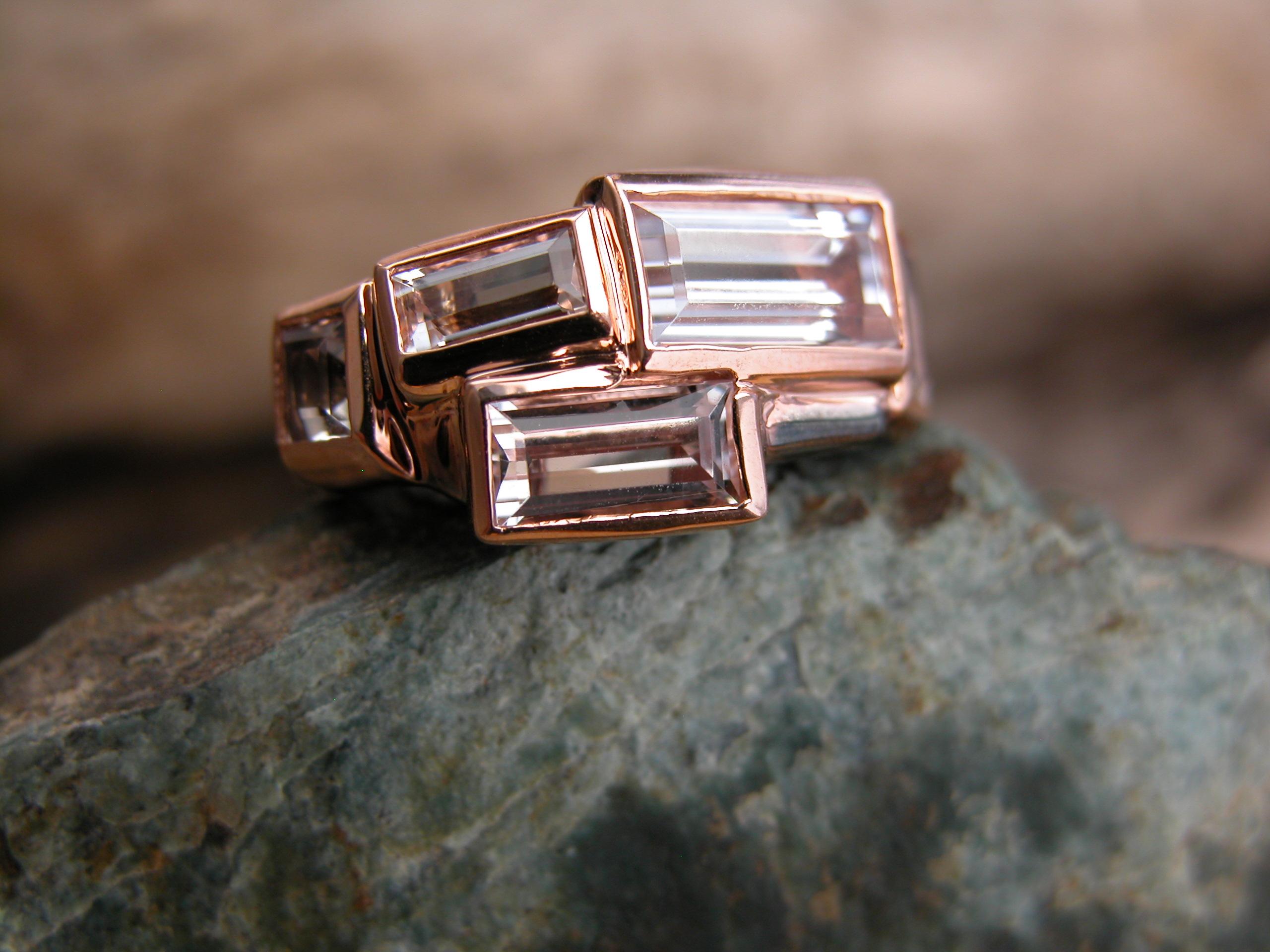 Baguette Cut Rose Gold and Sterling Silver Ring with White Topaz Baguettes For Sale