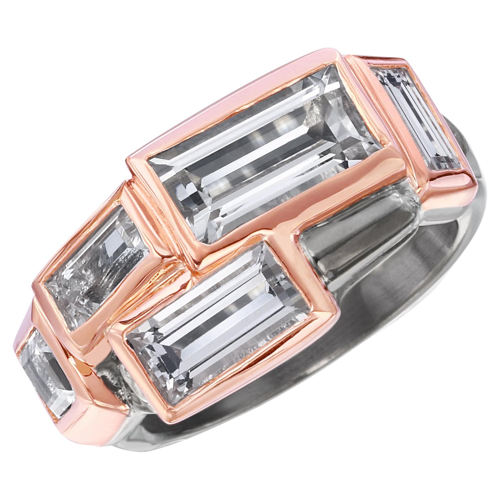 Rose Gold and Sterling Silver Ring with White Topaz Baguettes For Sale