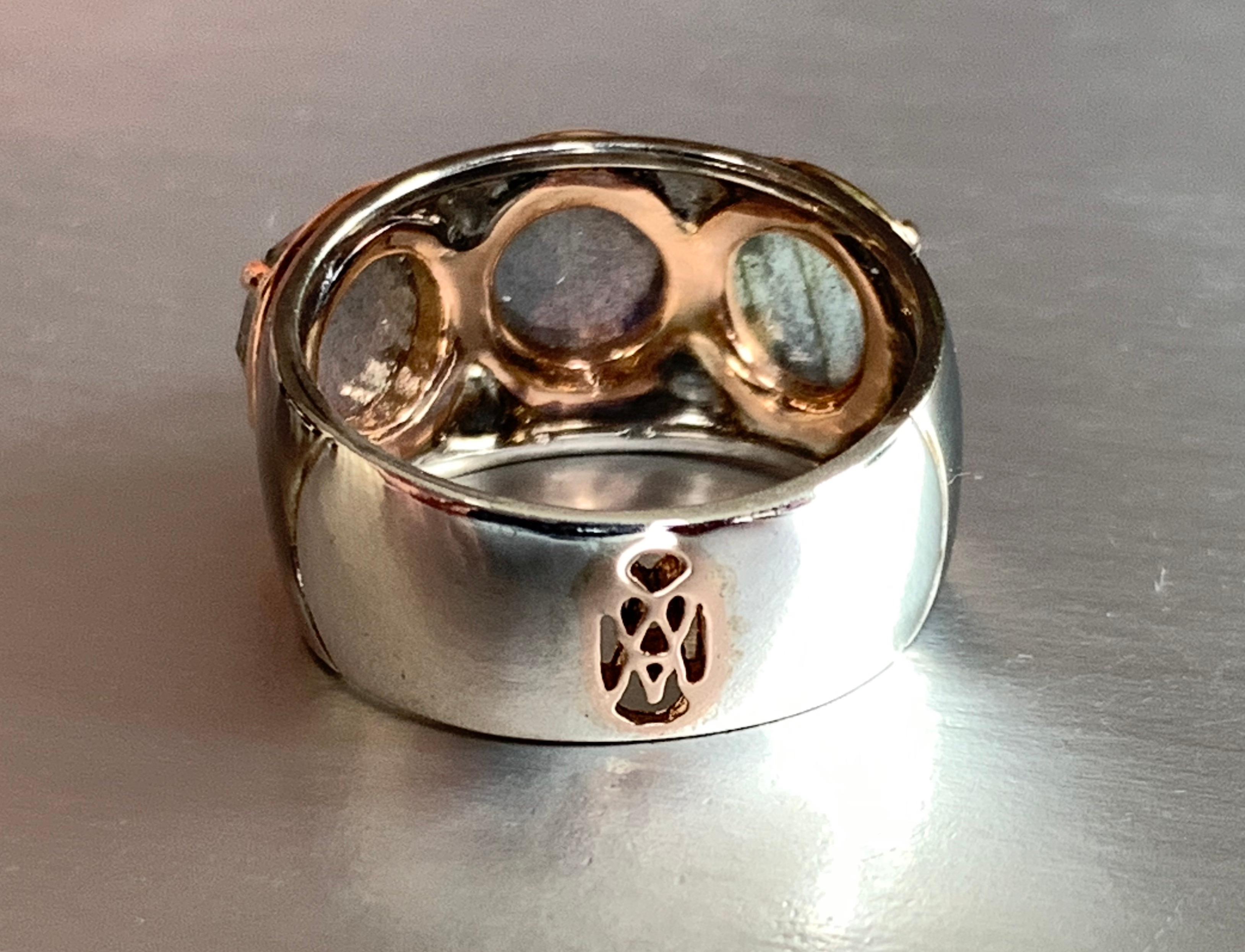 Rose Gold & Sterling Silver Wide Band Ring with Rose Cut Labradorite For Sale 1