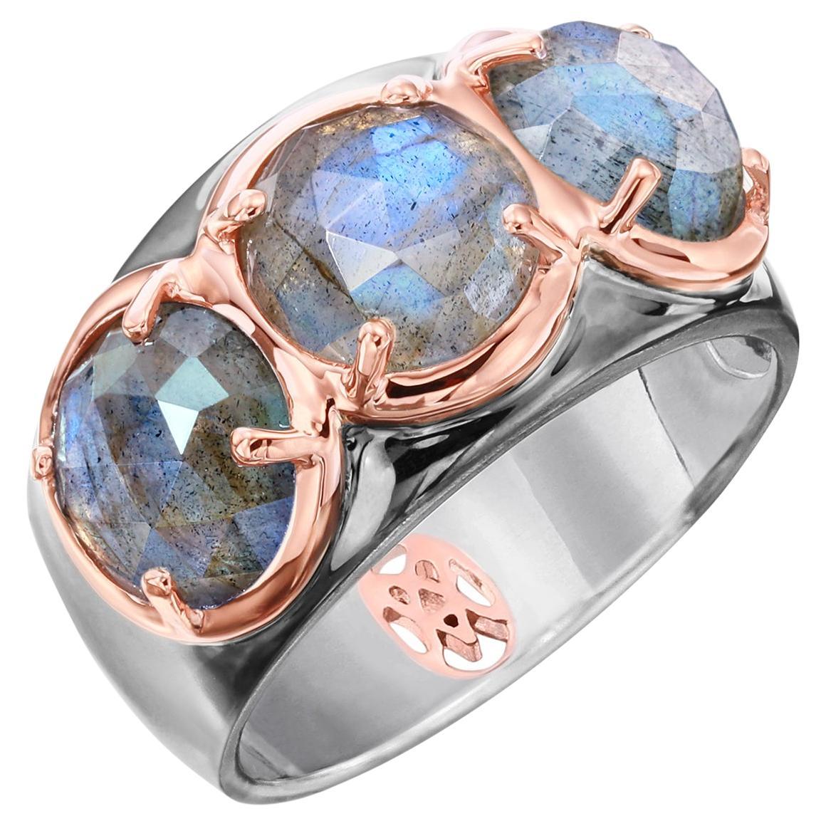 Rose Gold & Sterling Silver Wide Band Ring with Rose Cut Labradorite For Sale